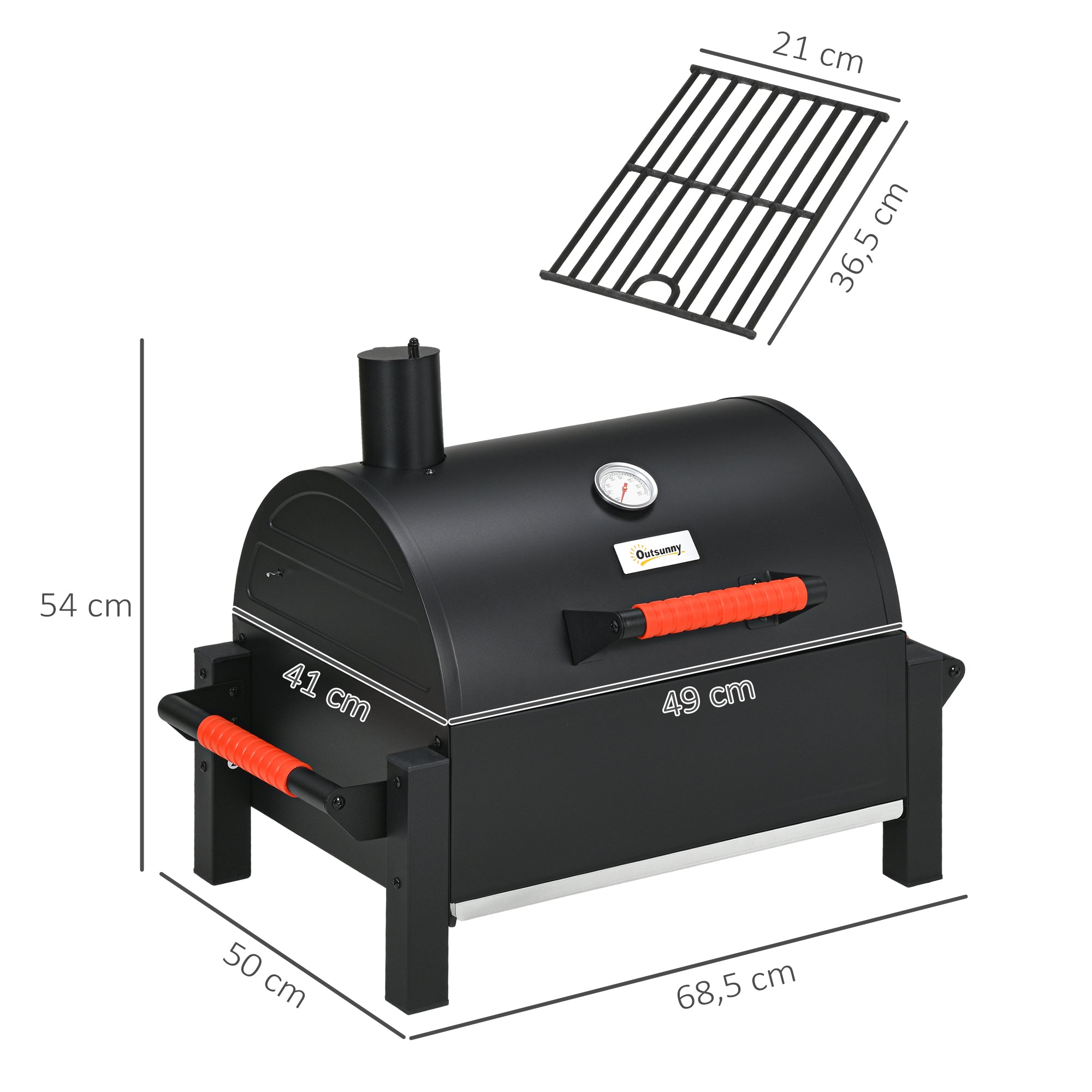 Wooden Charcoal Grill, Tabletop Grill with Grate, Charcoal Pan, Camping Grill with Lid, Handle, Thermometer, Table Wood Grill for Picnic, Garden, Black, 68.5 x 50 x 54 cm