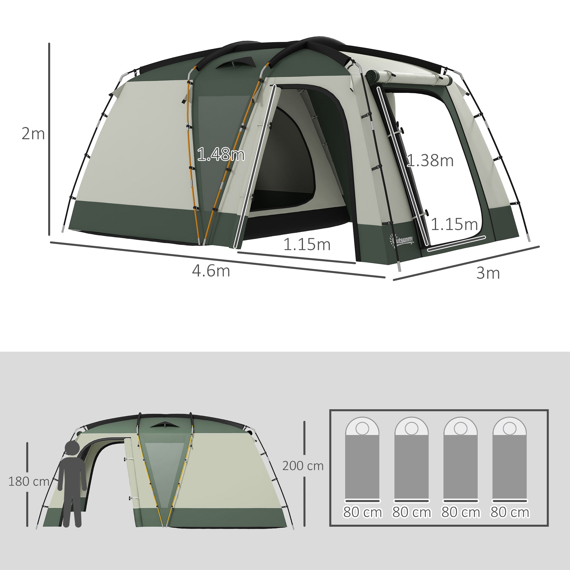Waterproof Camping Tent with Separate Night and Day Area, Polyester Family Tent, 460x300x200 cm, Green