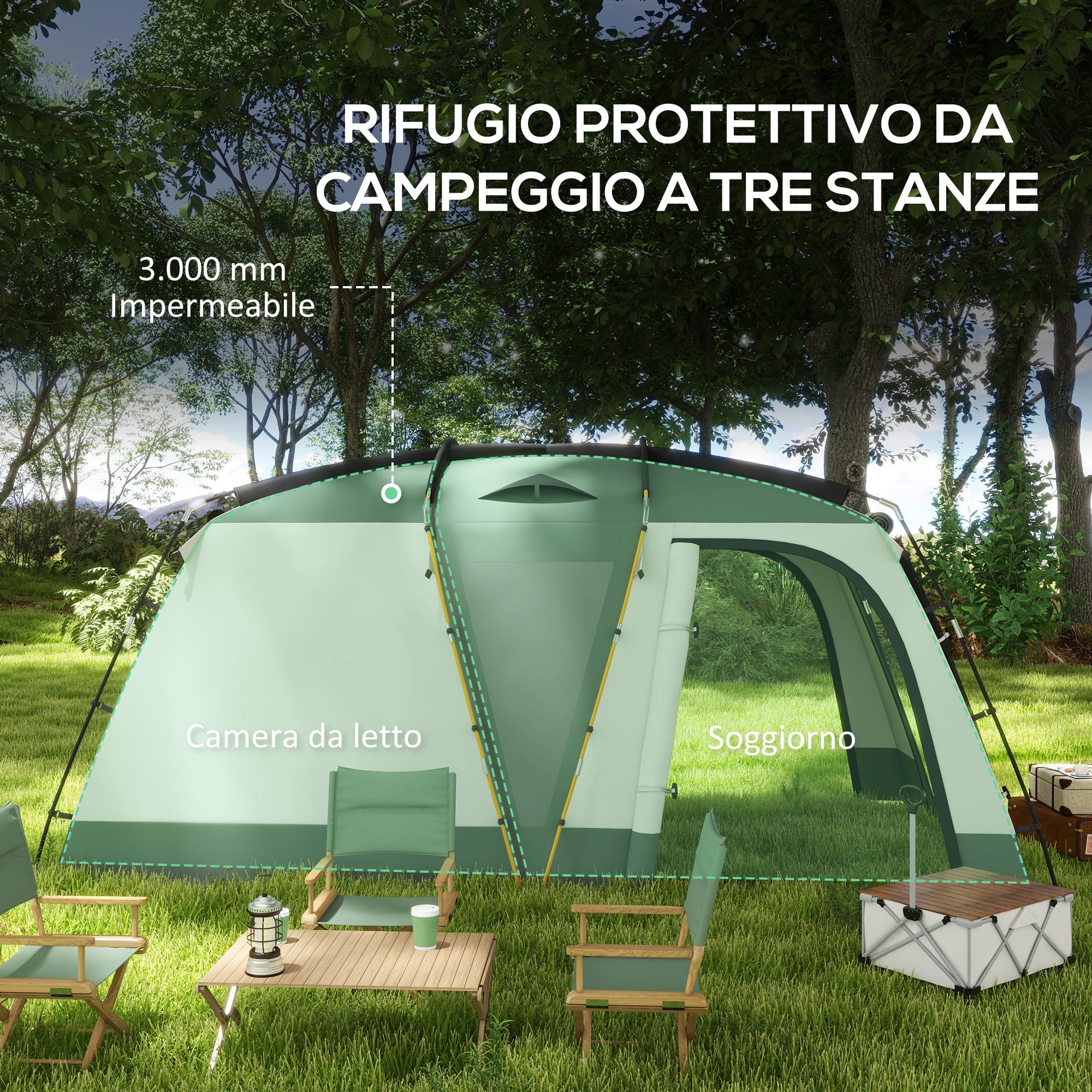 Waterproof Camping Tent with Separate Night and Day Area, Polyester Family Tent, 460x300x200 cm, Green