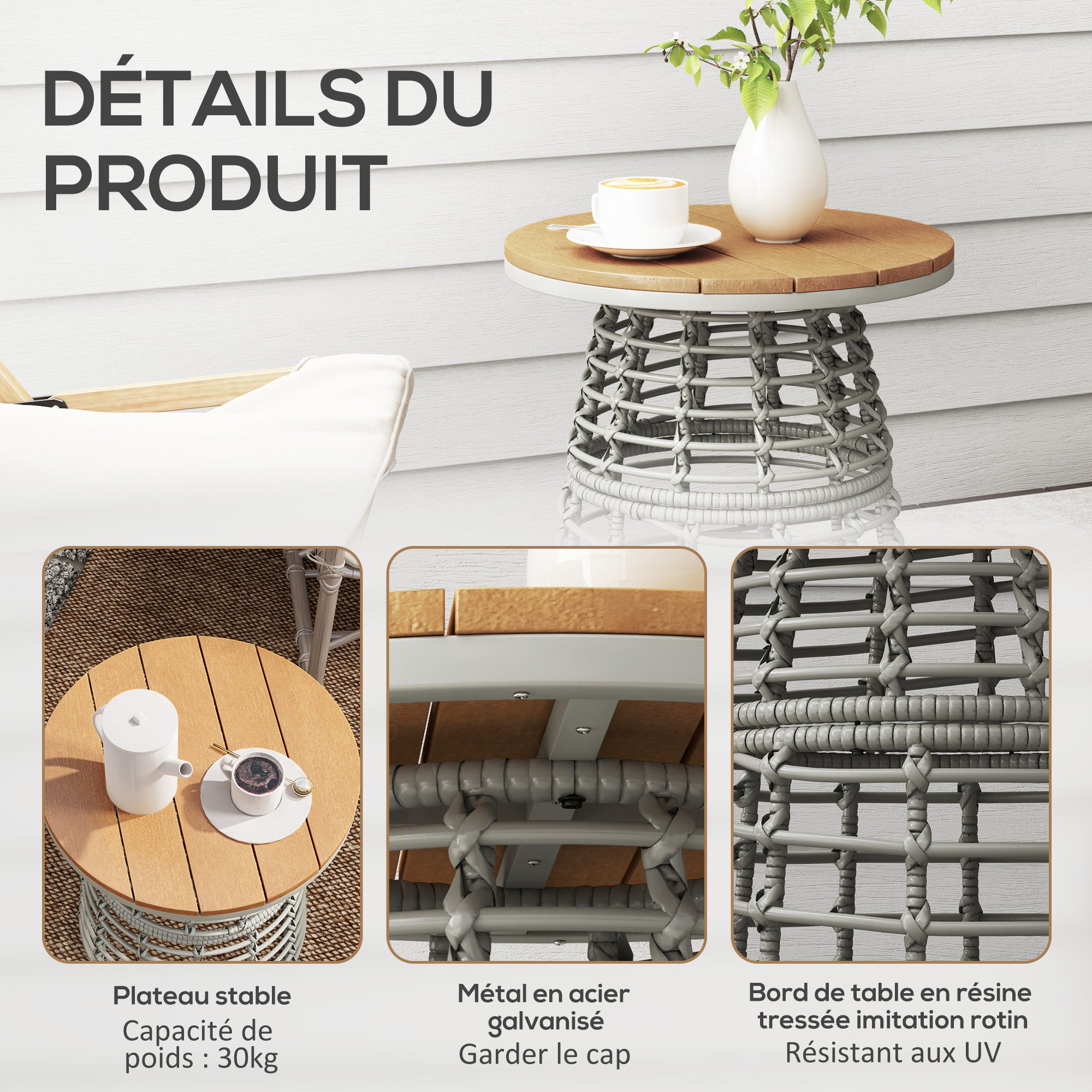 Garden Coffee Table, Round Outdoor Side Table with Resin Rattan Look Metal and Composite Plate, Ø 45 x 50 cm Gray