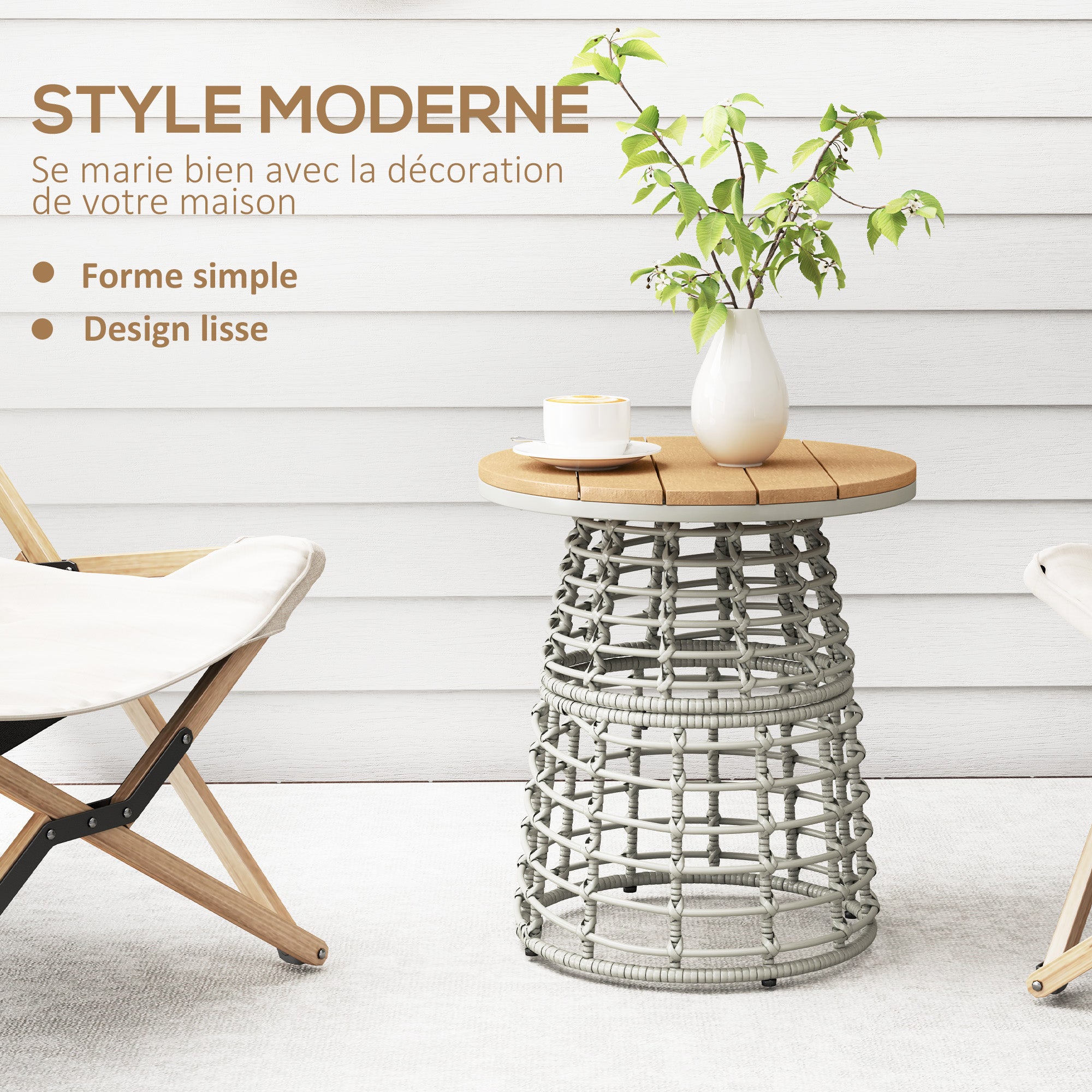 Garden Coffee Table, Round Outdoor Side Table with Resin Rattan Look Metal and Composite Plate, Ø 45 x 50 cm Gray