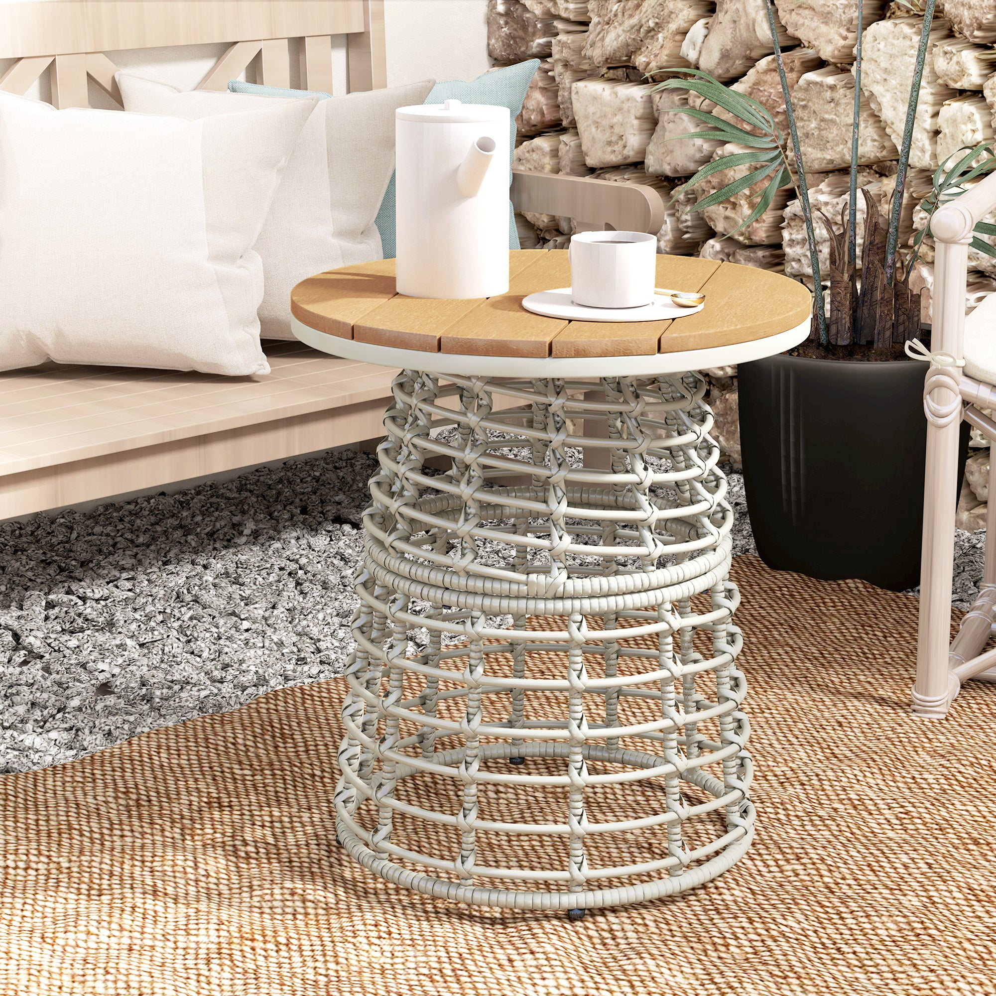 Garden Coffee Table, Round Outdoor Side Table with Resin Rattan Look Metal and Composite Plate, Ø 45 x 50 cm Gray