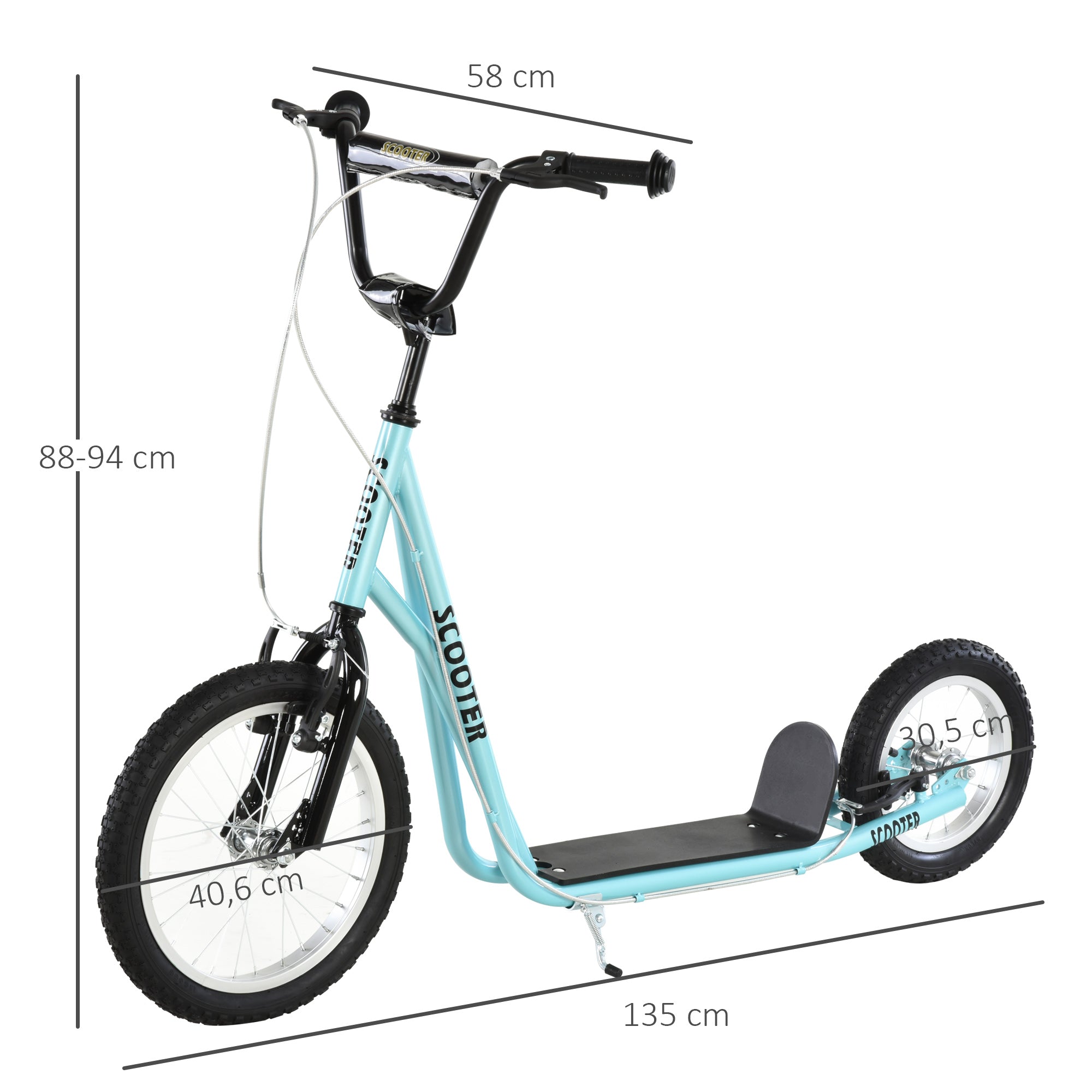 Kids Scooter for Ages 5 and Up with 2 Inflatable Rubber Tires with Dual Brake Adjustable Handlebar Supports 100 kg 135x58x88-94 cm Blue