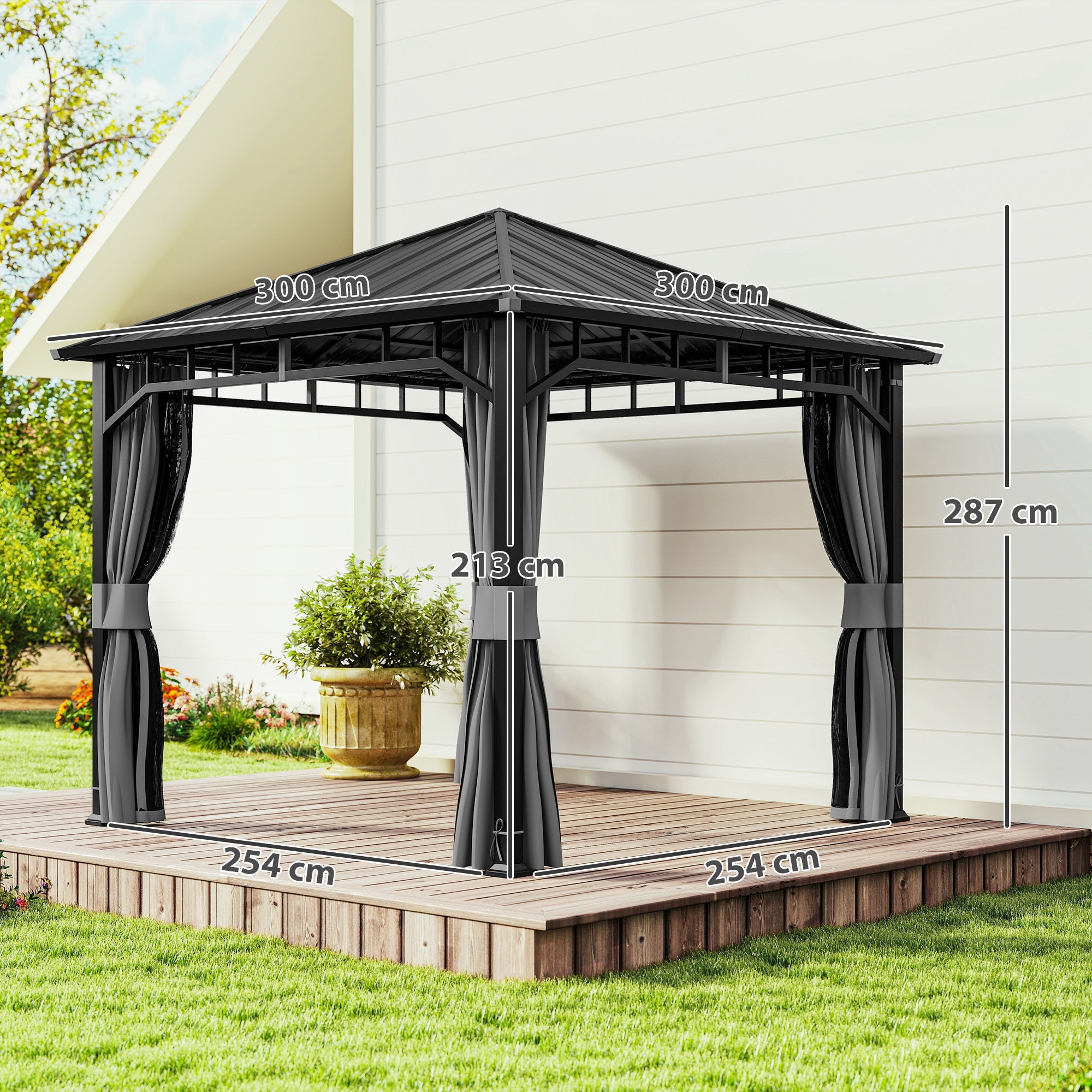 3 x 3 m Waterproof Garden Gazebo — Galvanized Metal Hardtop, Curtains & Mosquito Net, Ceiling Hook, Dark Gray