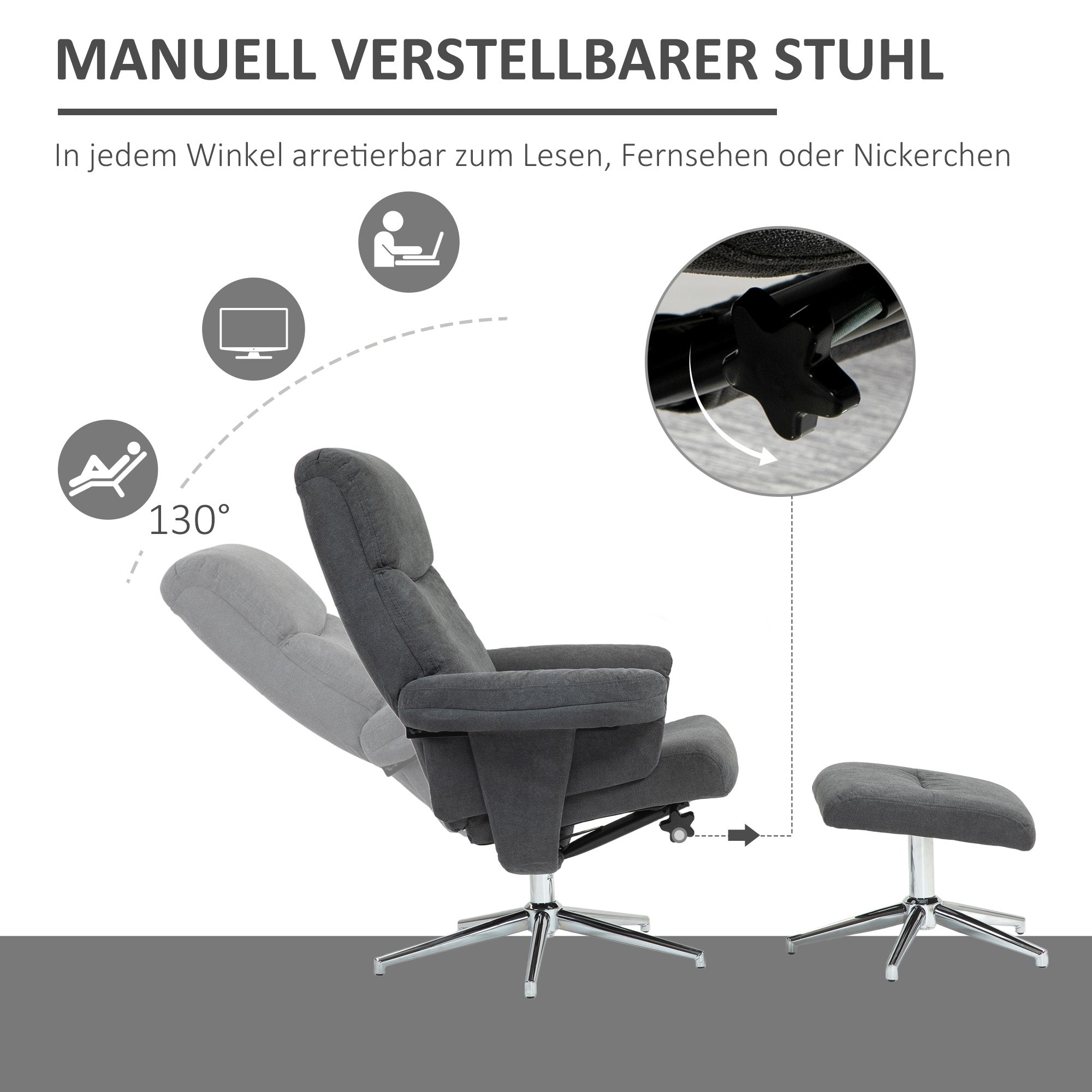 Recliner with Ottoman, Padded TV Armchair with Reclining Function, Lounge Chair with Velvet Look, supports up to 150 kg, for Living Room, Bedroom, Dark Gray