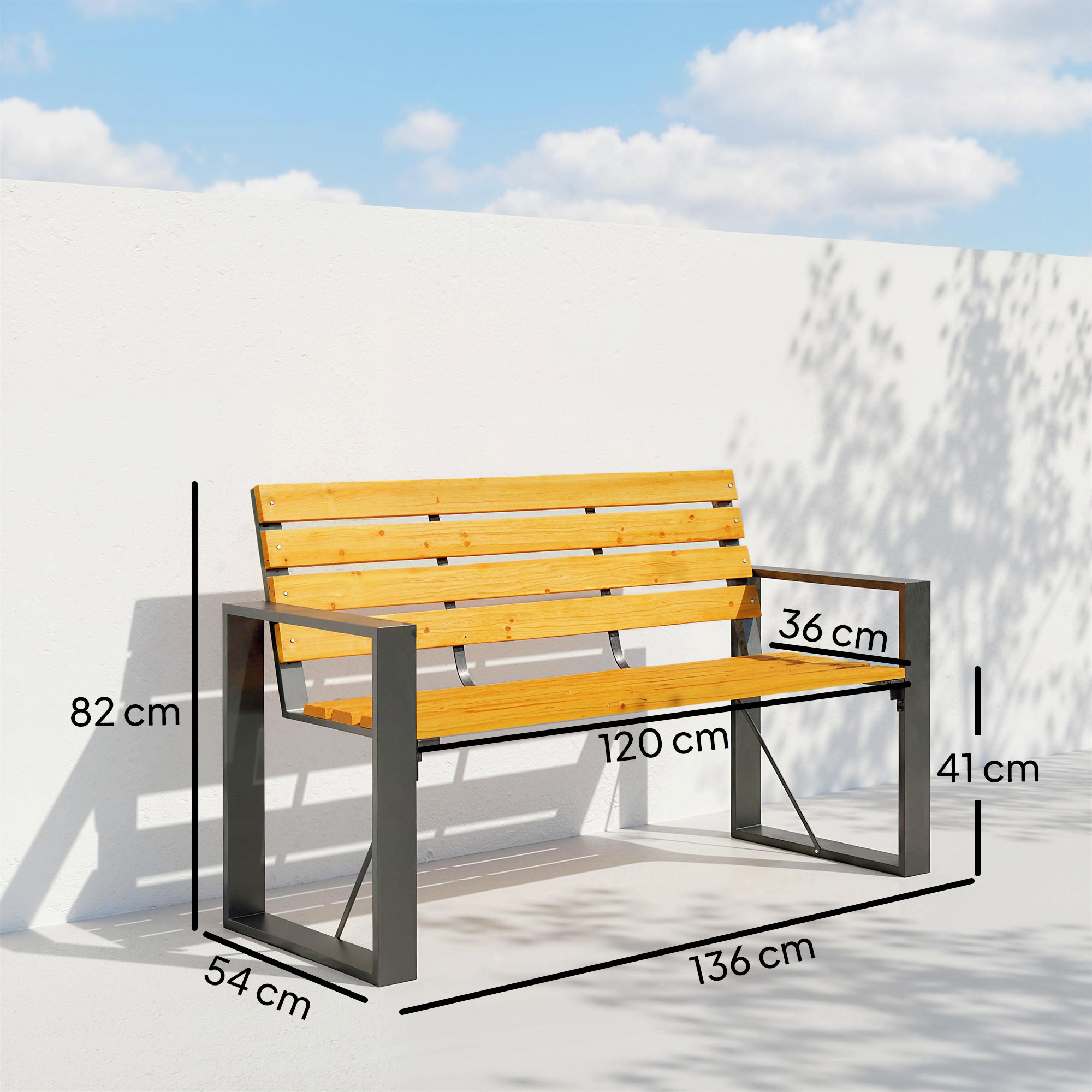 2-Seater Weatherproof Wood Slatted Garden Bench with Armrests — 136 x 54 x 82 cm (Natural Wood)