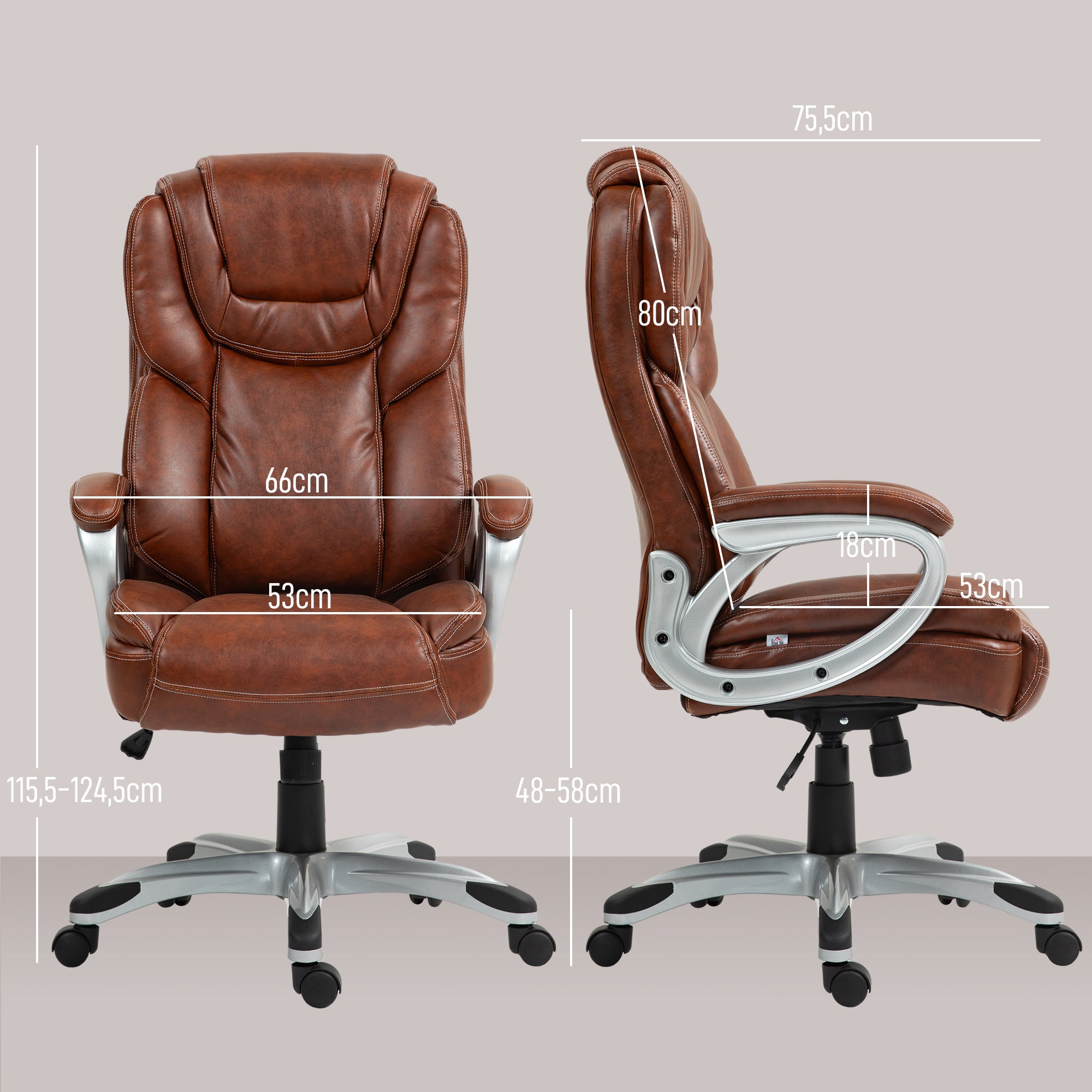 Office Chair, Desk Chair, Computer Seat, with Tilt Function, High Backrest, 360° Swivel Wheels, Adjustable Height, Brown