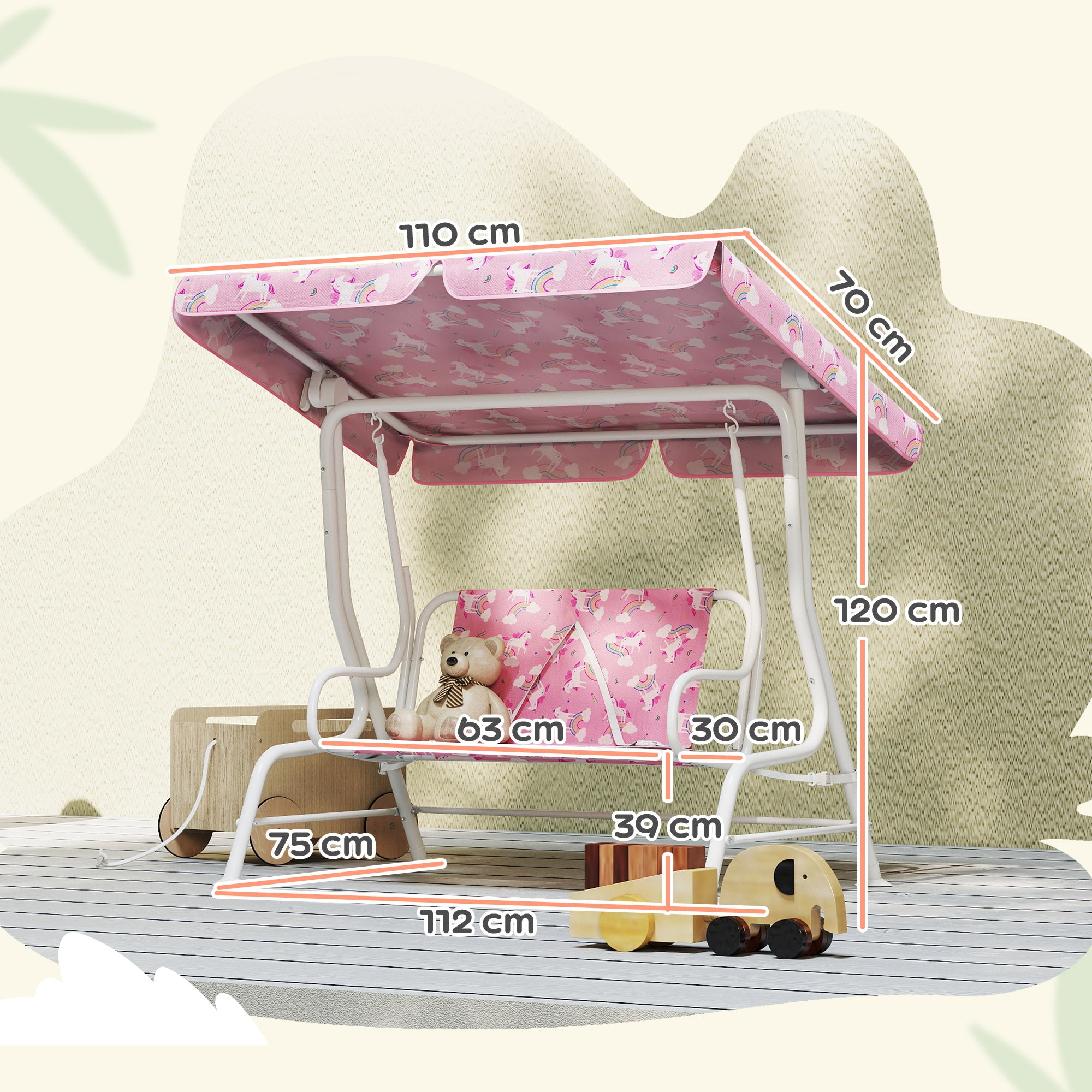2-Seater Outdoor Garden Swing with Adjustable Canopy and Safety Belts — Unicorn & Rainbow, Pink — 44.1 x 29.5 x 47.2 in (112 x 75 x 120 cm)