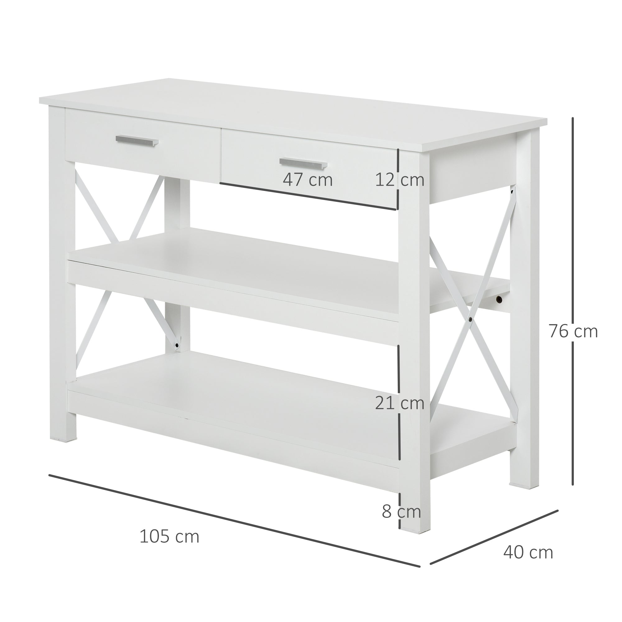Console Table Hallway Table with 2 Drawers and Lower Shelves Modern Style Metal Frame 105x40x76 cm White