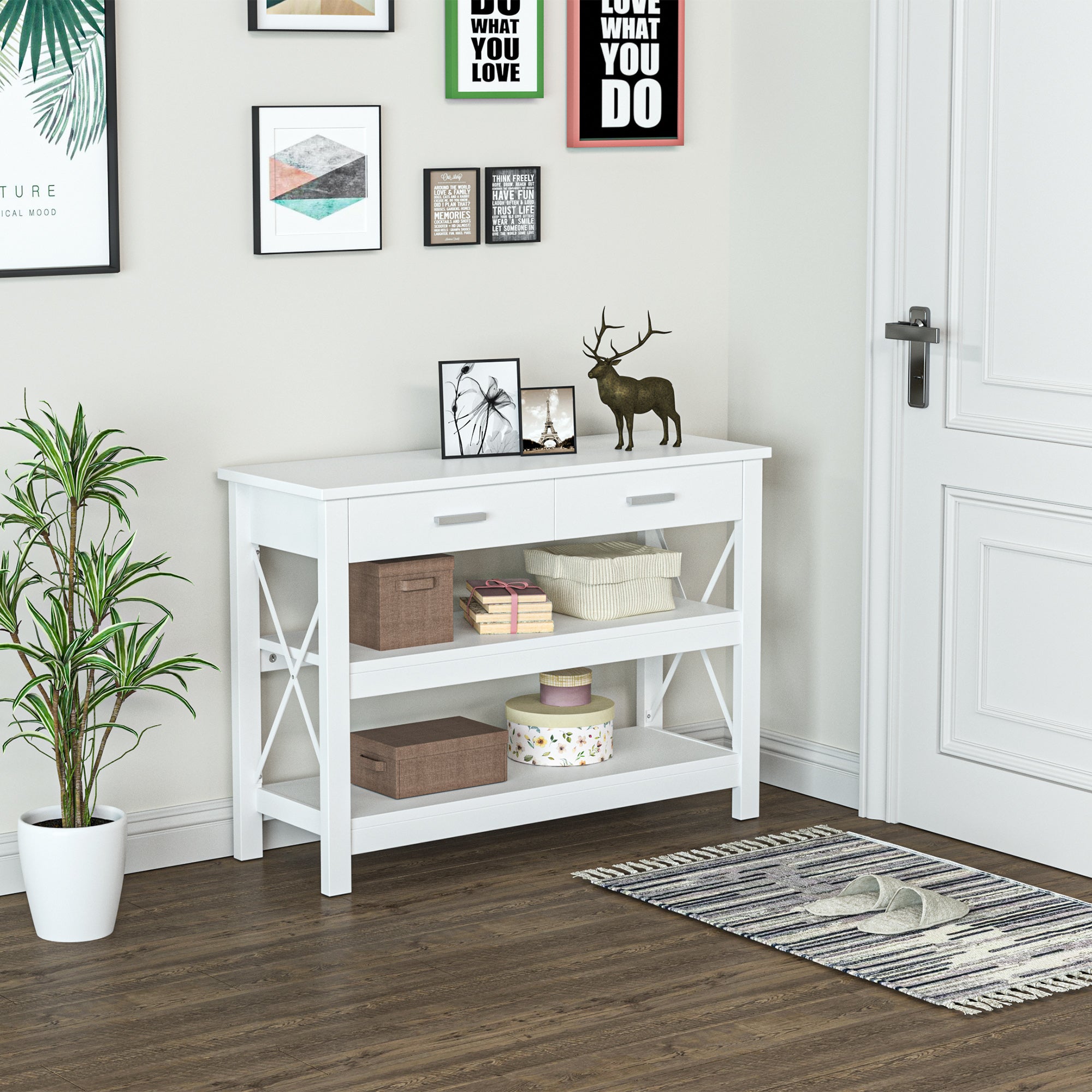 Console Table Hallway Table with 2 Drawers and Lower Shelves Modern Style Metal Frame 105x40x76 cm White