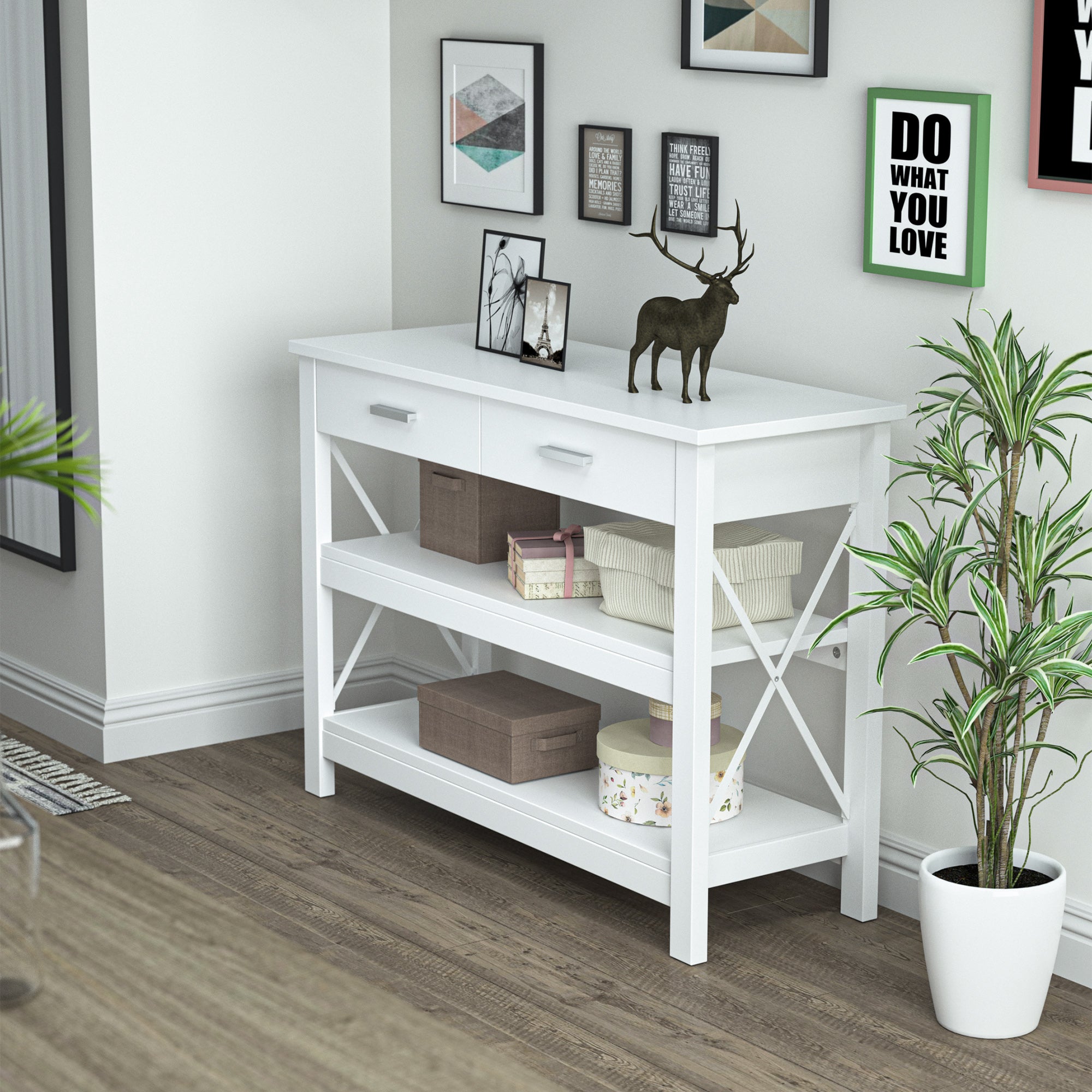 Console Table Hallway Table with 2 Drawers and Lower Shelves Modern Style Metal Frame 105x40x76 cm White