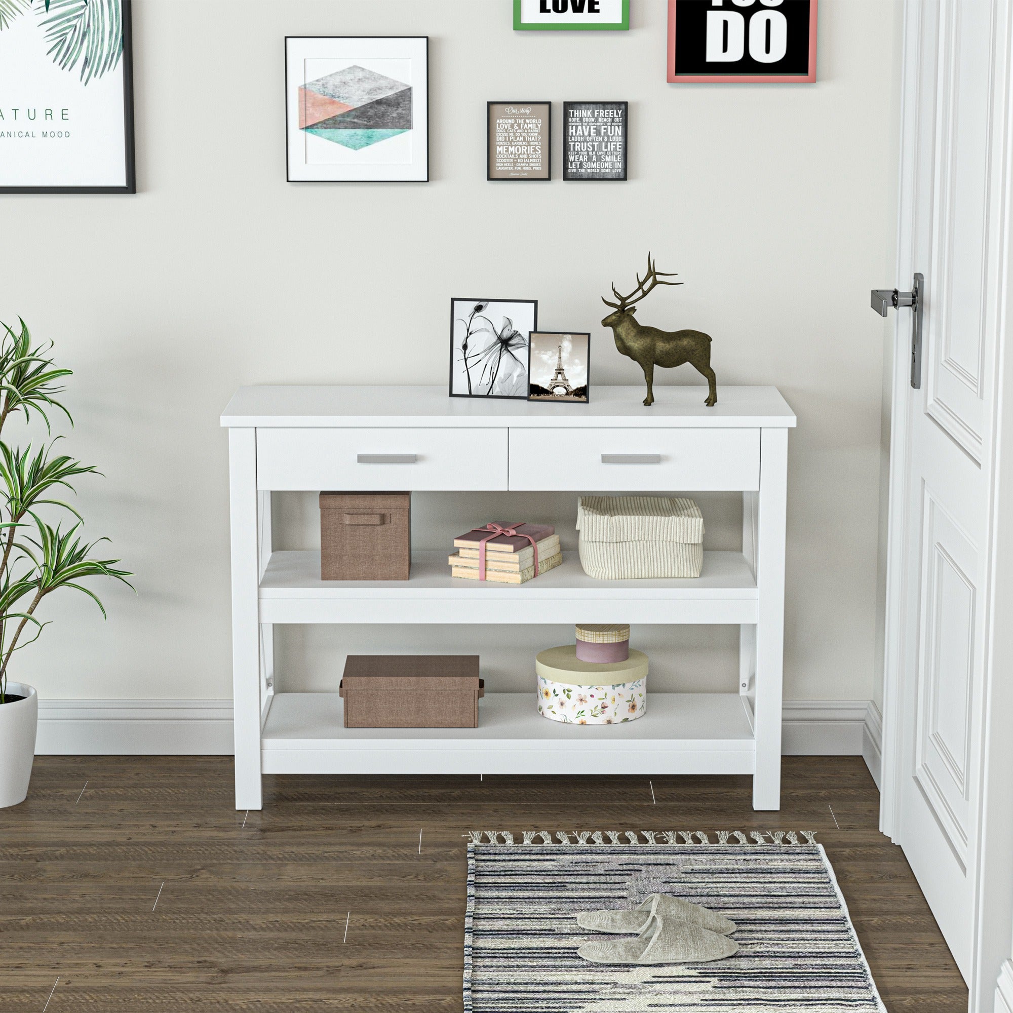 Console Table Hallway Table with 2 Drawers and Lower Shelves Modern Style Metal Frame 105x40x76 cm White