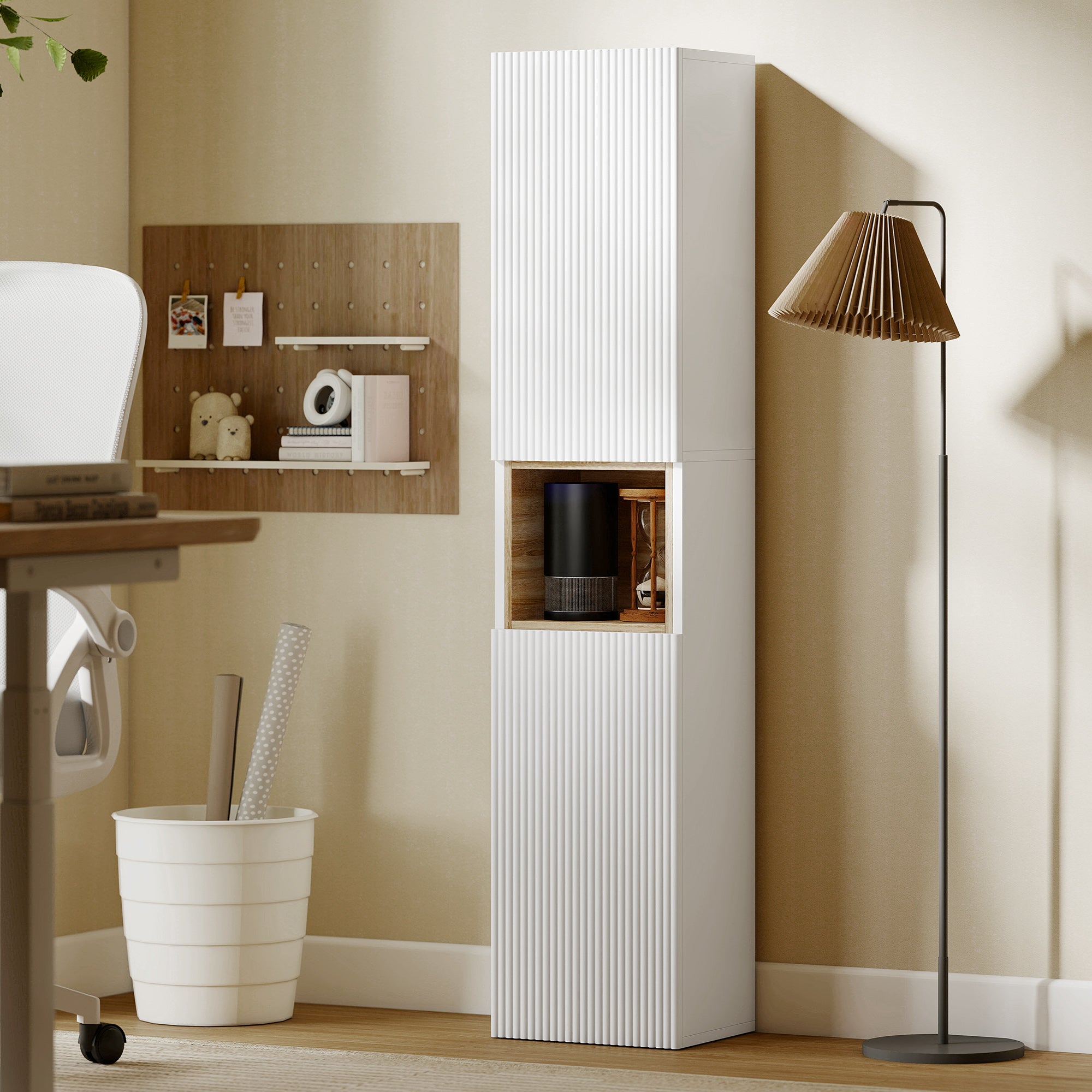 Narrow Tall Bathroom Cabinet — 2 Ribbed Soft-Close Doors, Open Shelf & Adjustable Shelves, 11.8 x 9.4 x 55.1 in, White