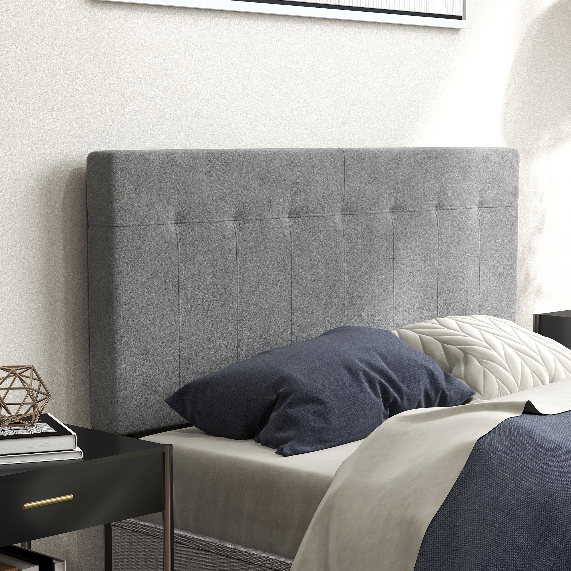 3-Height Adjustable Velvet-Look Padded Headboard with Metal Legs — Fits 53–55" Beds, Gray (140 x 10 x 106/116/126 cm)