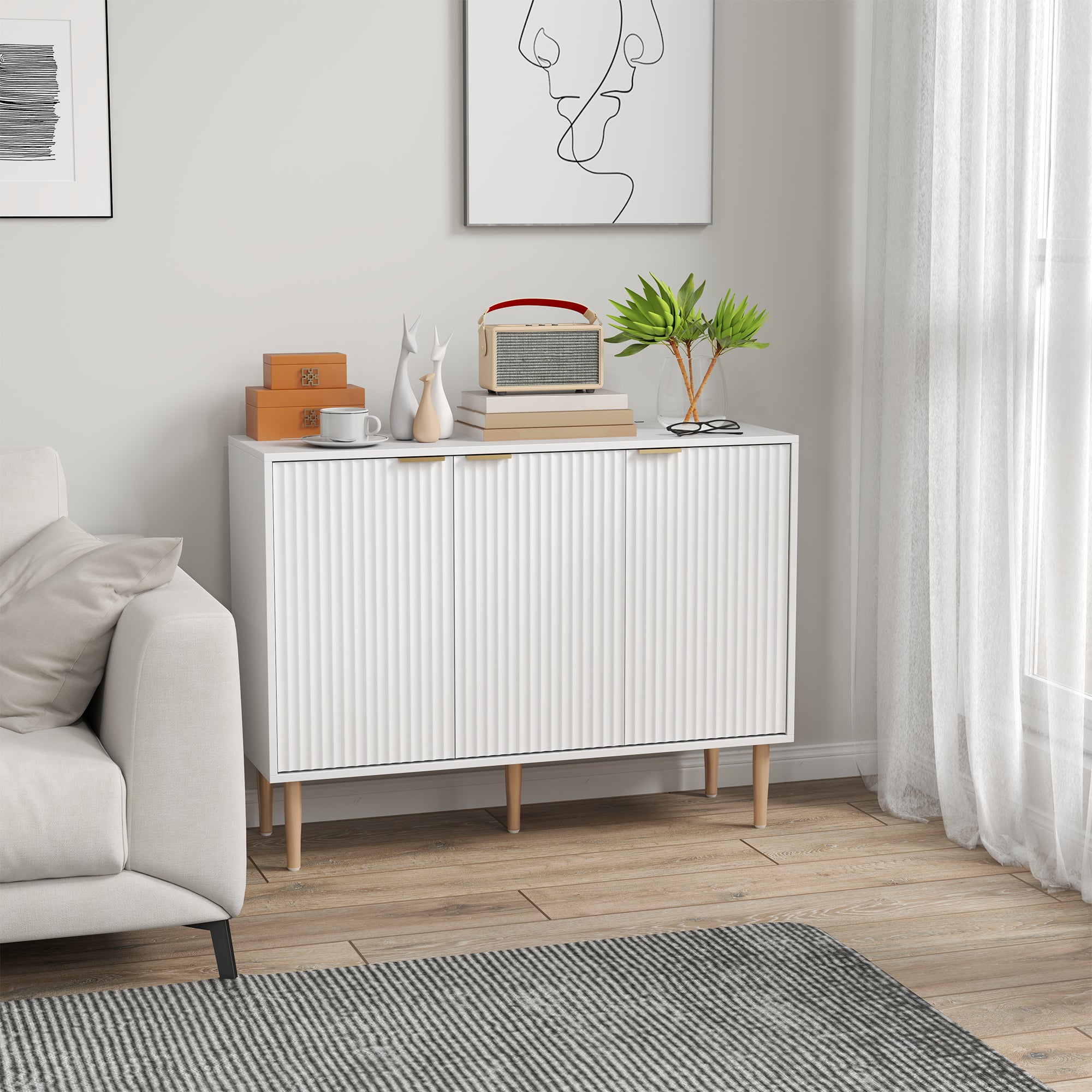 Grooved Door 3-Door Sideboard with Adjustable Shelf TV Stand for Bedroom Living Room 107x35x80 cm White