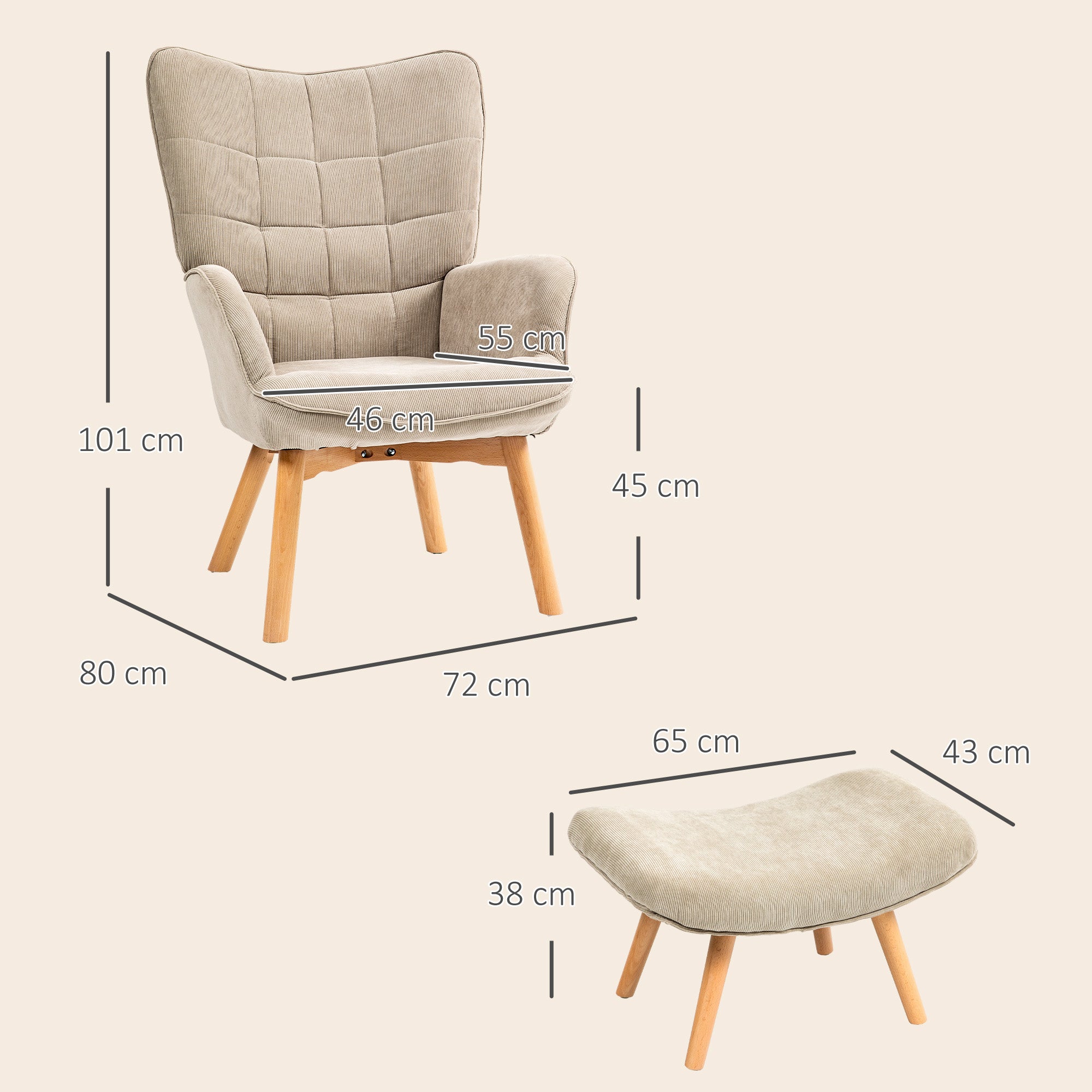 Armchair with Ottoman, Wingback Chair with High Backrest, Wooden Legs, Lounge Chair with Tufted Design, Corduroy Look, for Living Room, Light Brown