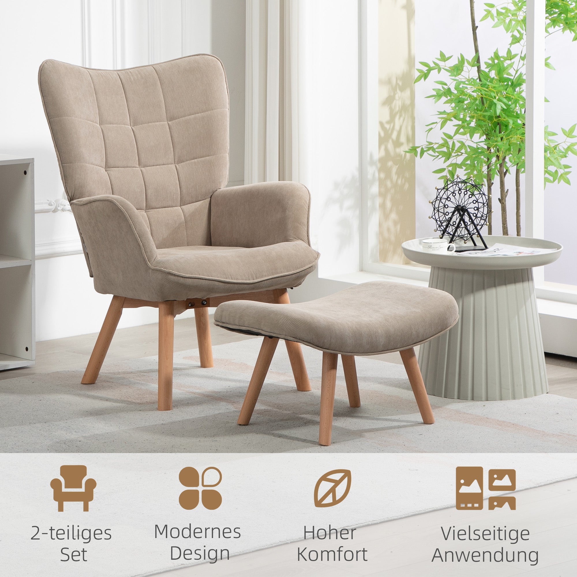 Armchair with Ottoman, Wingback Chair with High Backrest, Wooden Legs, Lounge Chair with Tufted Design, Corduroy Look, for Living Room, Light Brown