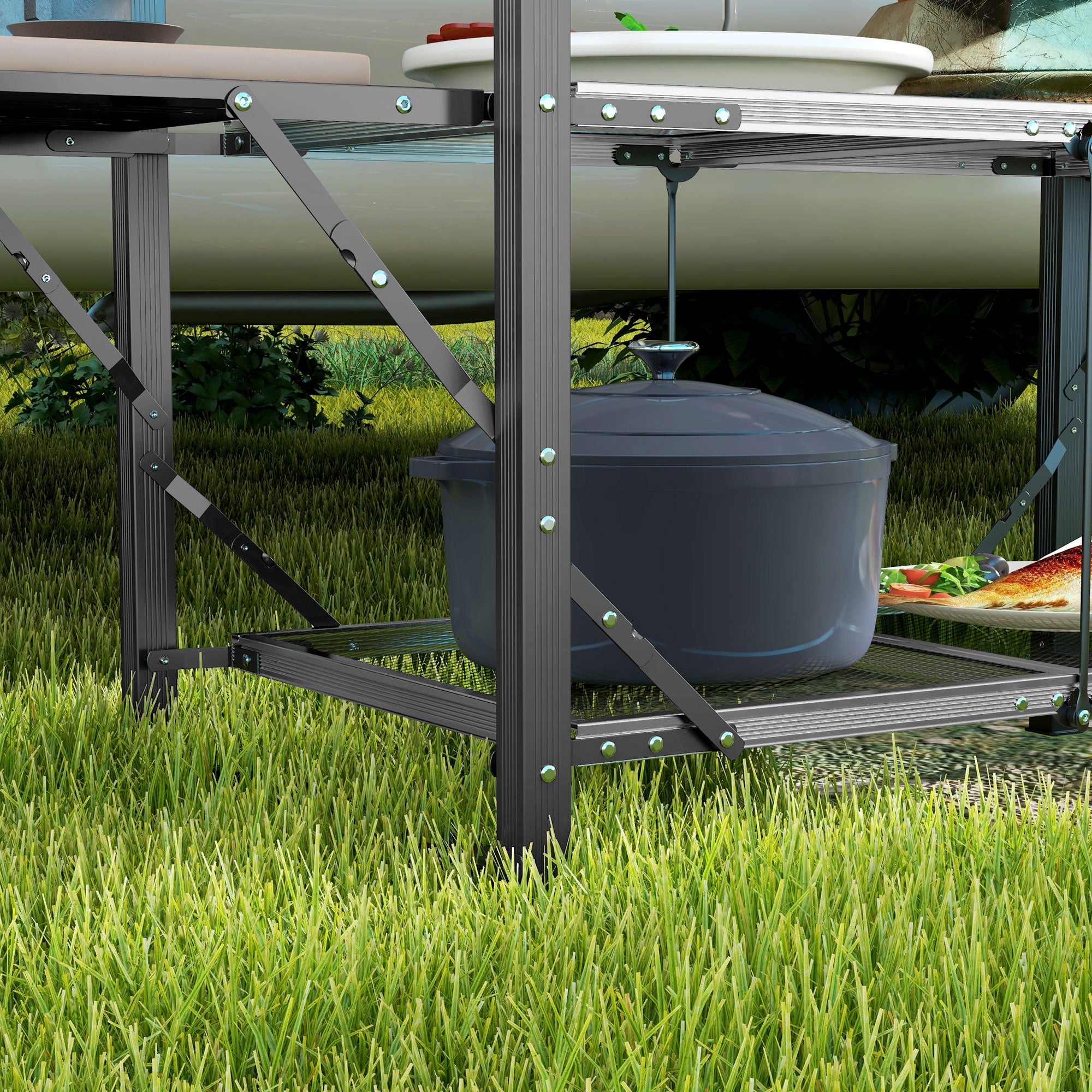 Camping Kitchen Folding Camping Table in Steel and Aluminum, with Carry Bag, 2 Foldable Shelves, 2 Shelves, and Cup Holders, dim. 126L x 46W x 81H cm