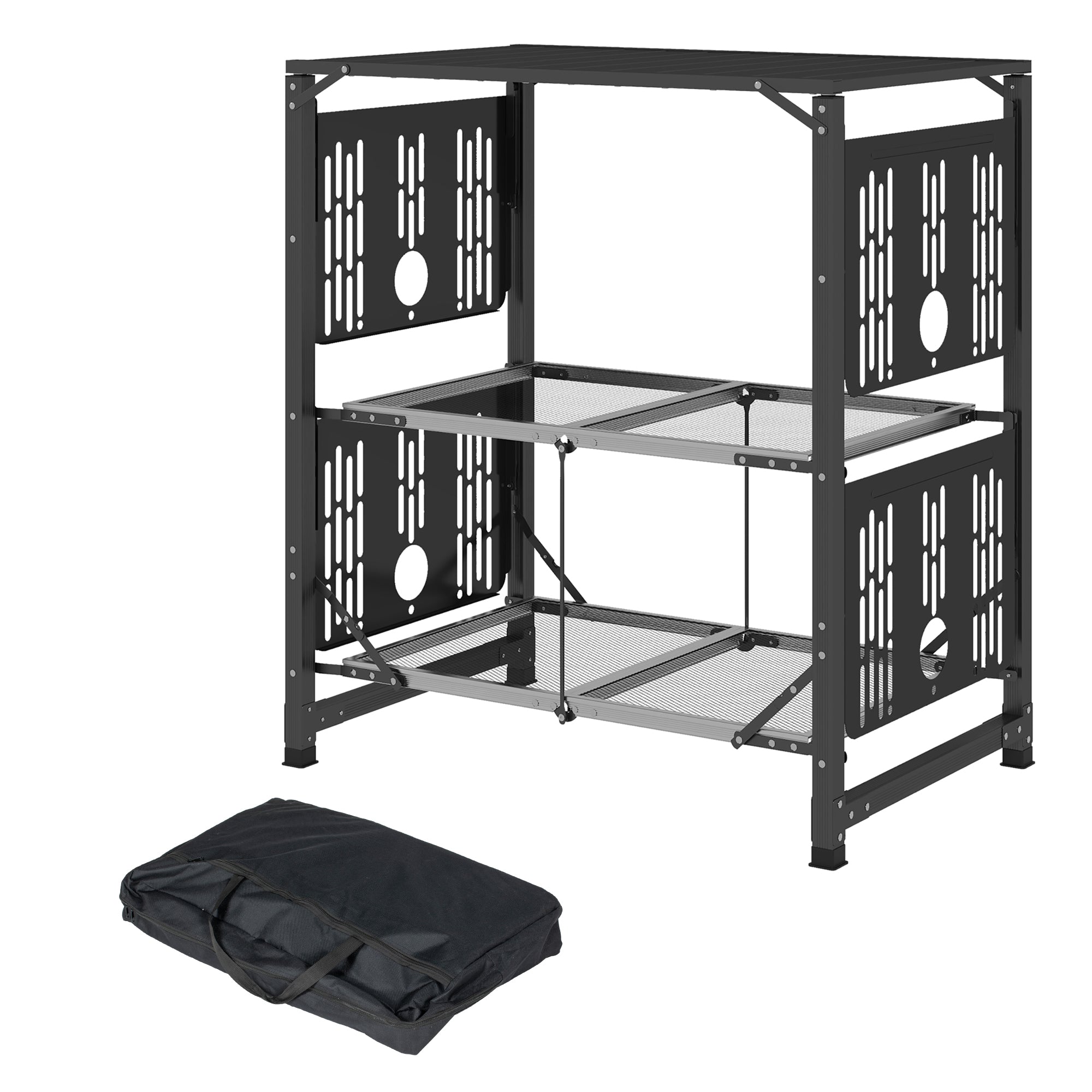 Camping Kitchen Folding Camping Table in Steel and Aluminum, with Carry Bag, 2 Foldable Shelves, 2 Shelves, and Cup Holders, dim. 126L x 46W x 81H cm