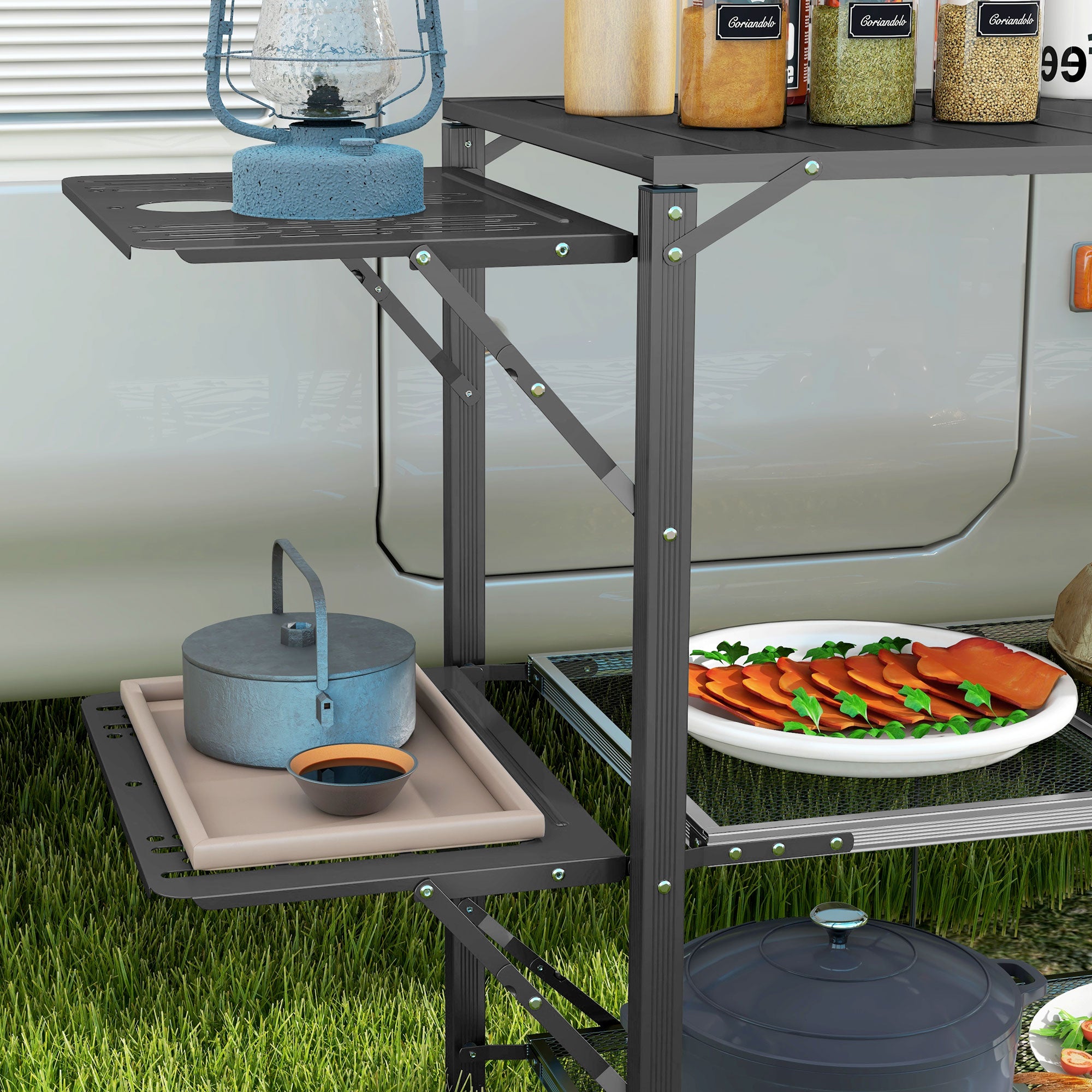 Camping Kitchen Folding Camping Table in Steel and Aluminum, with Carry Bag, 2 Foldable Shelves, 2 Shelves, and Cup Holders, dim. 126L x 46W x 81H cm