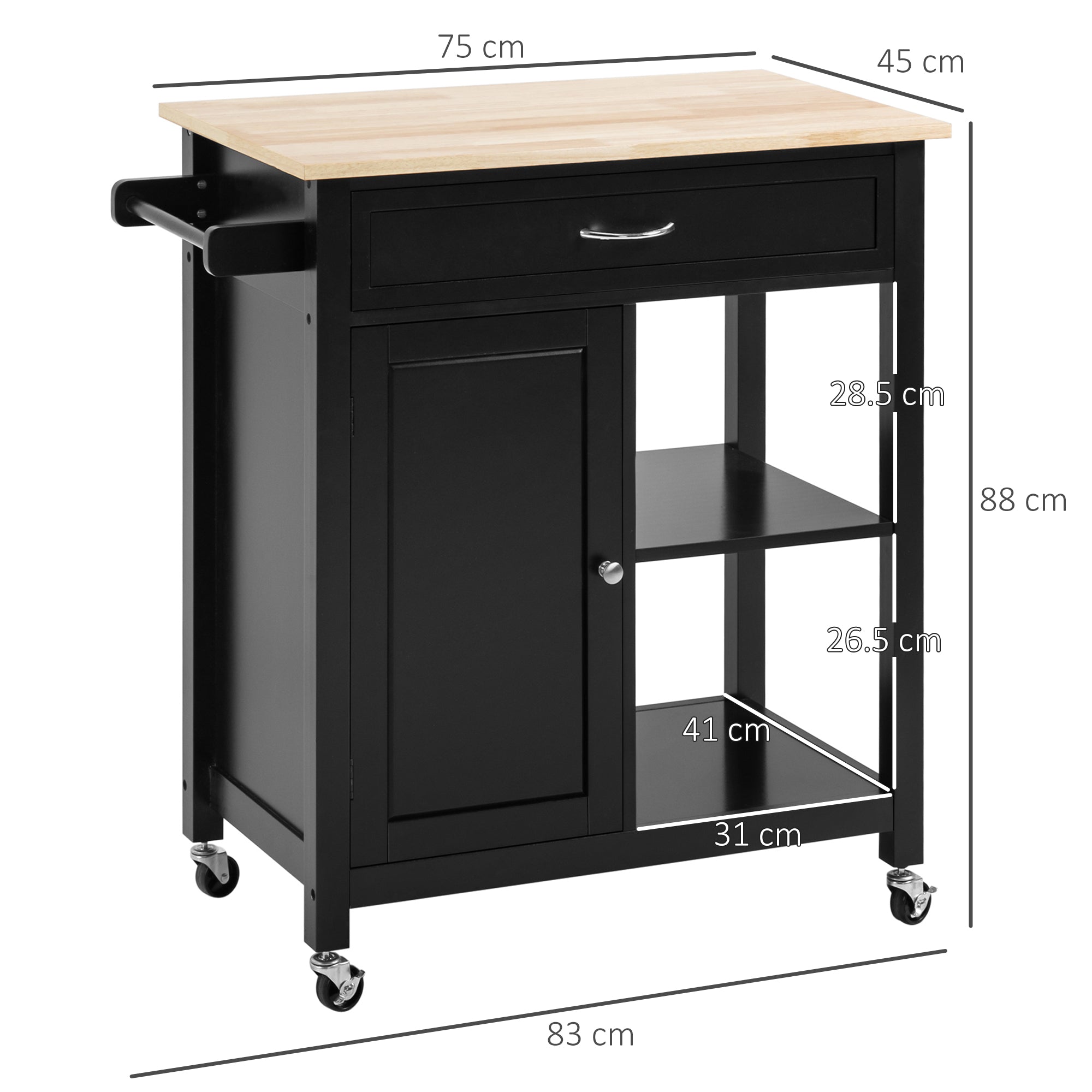 Kitchen Cart in Wood with Drawer, Cabinet, and Shelves, Serving Trolley with Wheels, 83x45x88cm, Black
