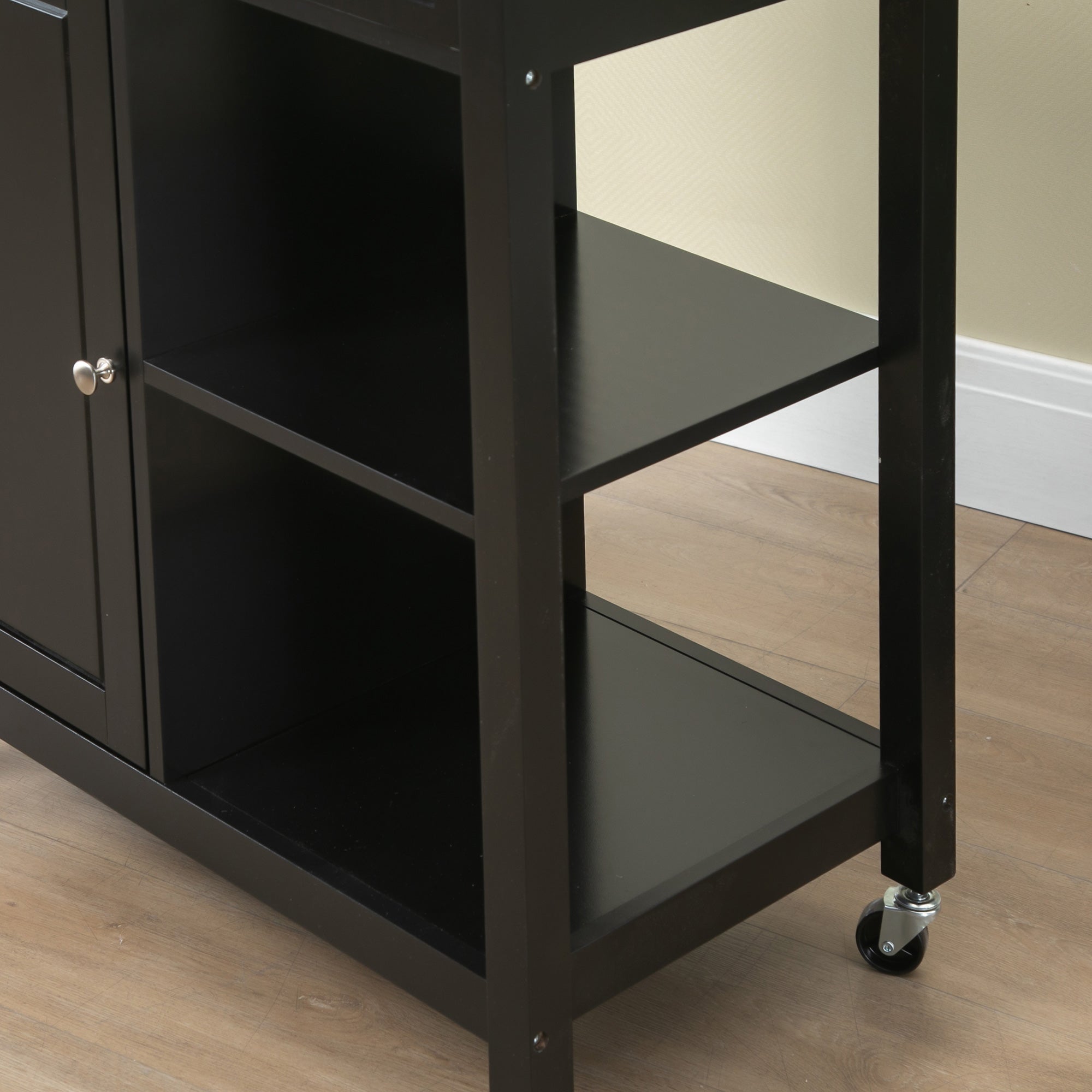 Kitchen Cart in Wood with Drawer, Cabinet, and Shelves, Serving Trolley with Wheels, 83x45x88cm, Black