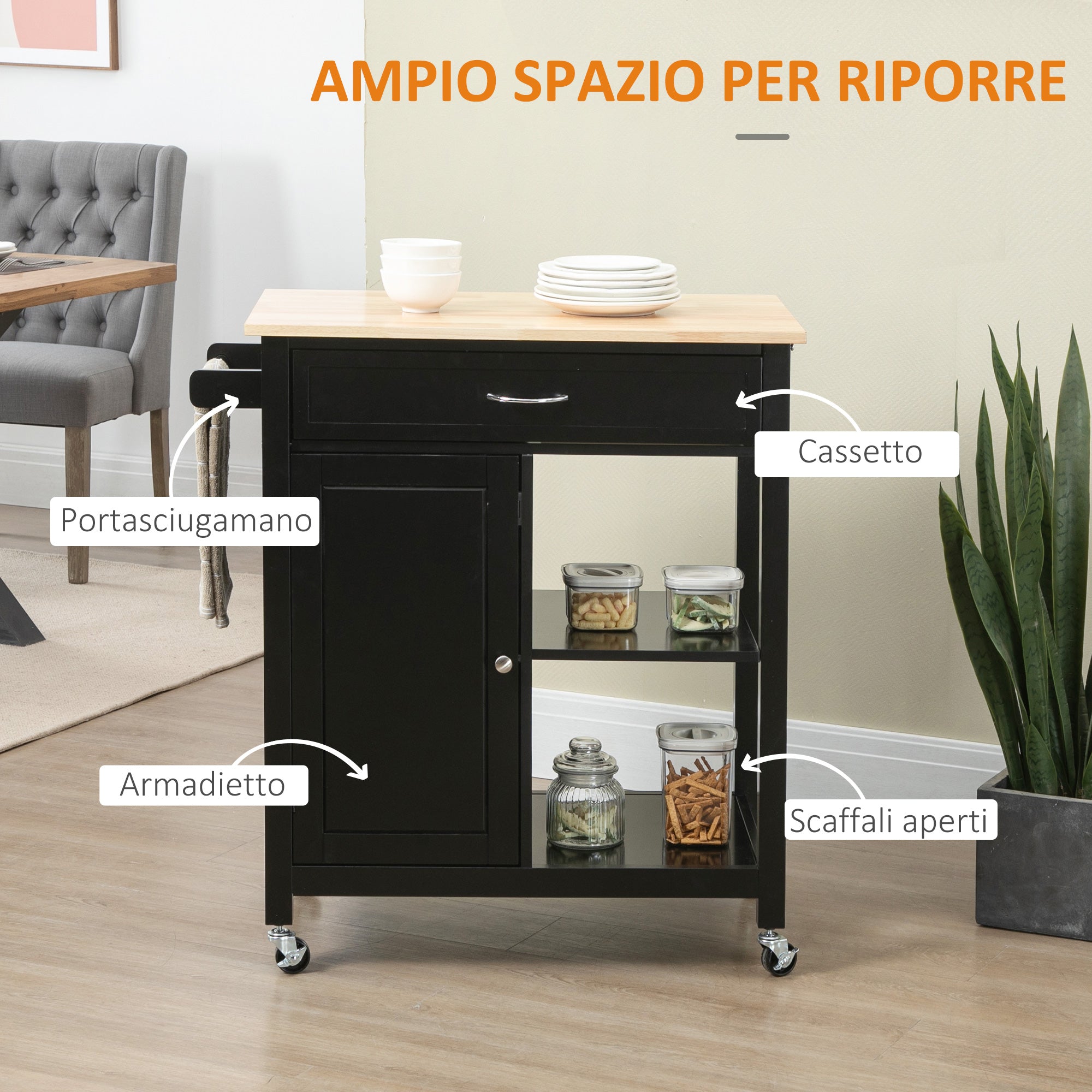 Kitchen Cart in Wood with Drawer, Cabinet, and Shelves, Serving Trolley with Wheels, 83x45x88cm, Black