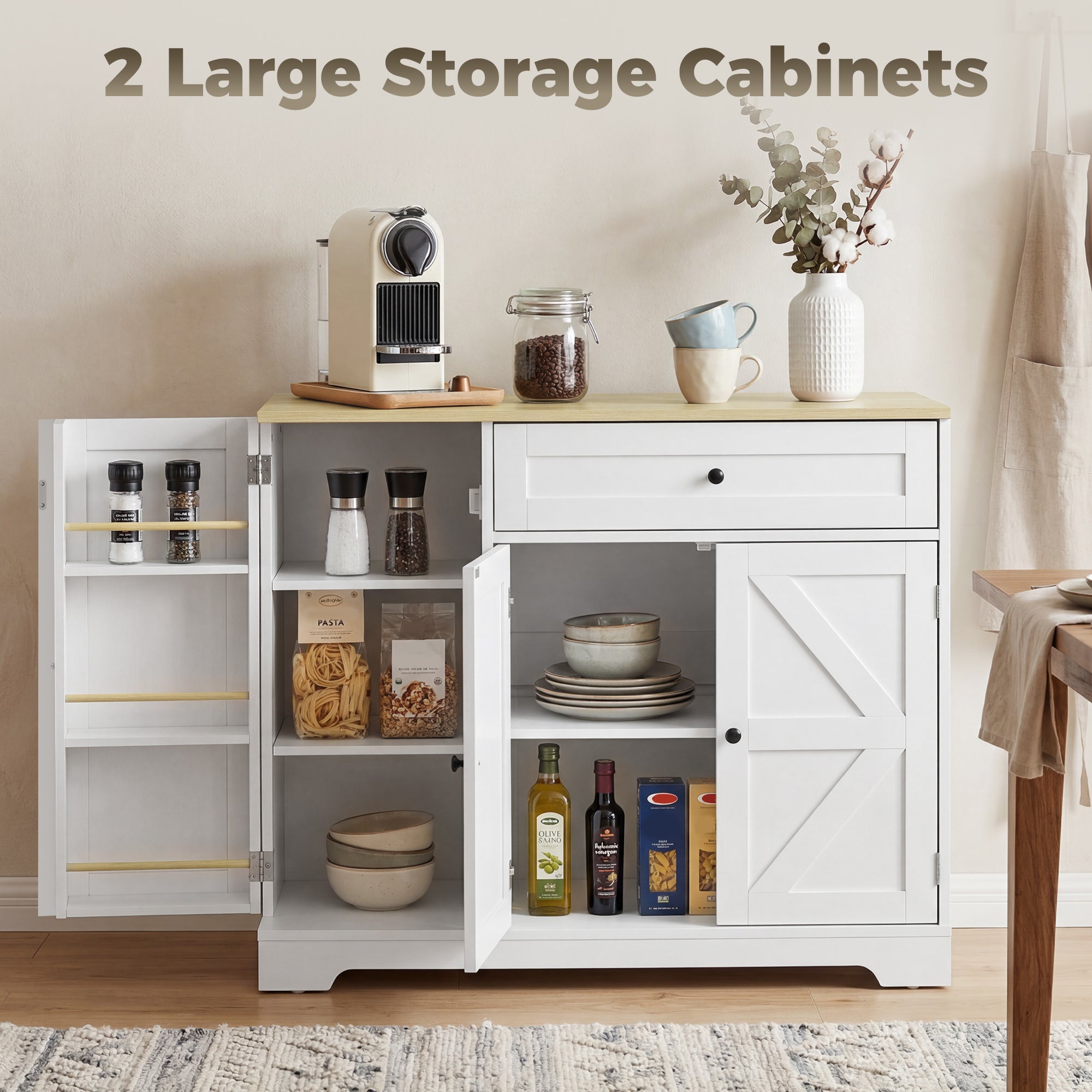 Sideboard Kitchen Cabinet with Drawer, 3 Doors & Adjustable Shelves, Farmhouse Style, 100 x 40 x 81 cm (39.4 x 15.7 x 31.9 in), White