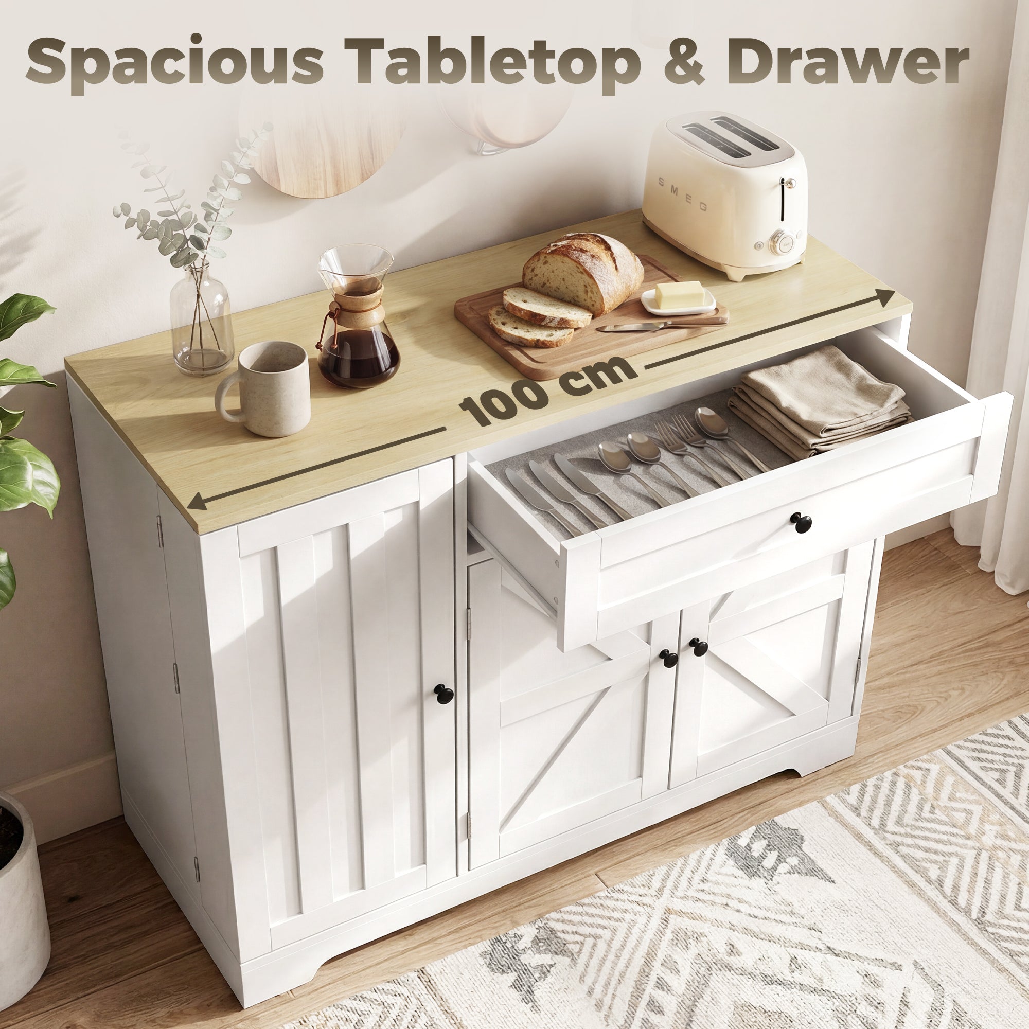Sideboard Kitchen Cabinet with Drawer, 3 Doors & Adjustable Shelves, Farmhouse Style, 100 x 40 x 81 cm (39.4 x 15.7 x 31.9 in), White