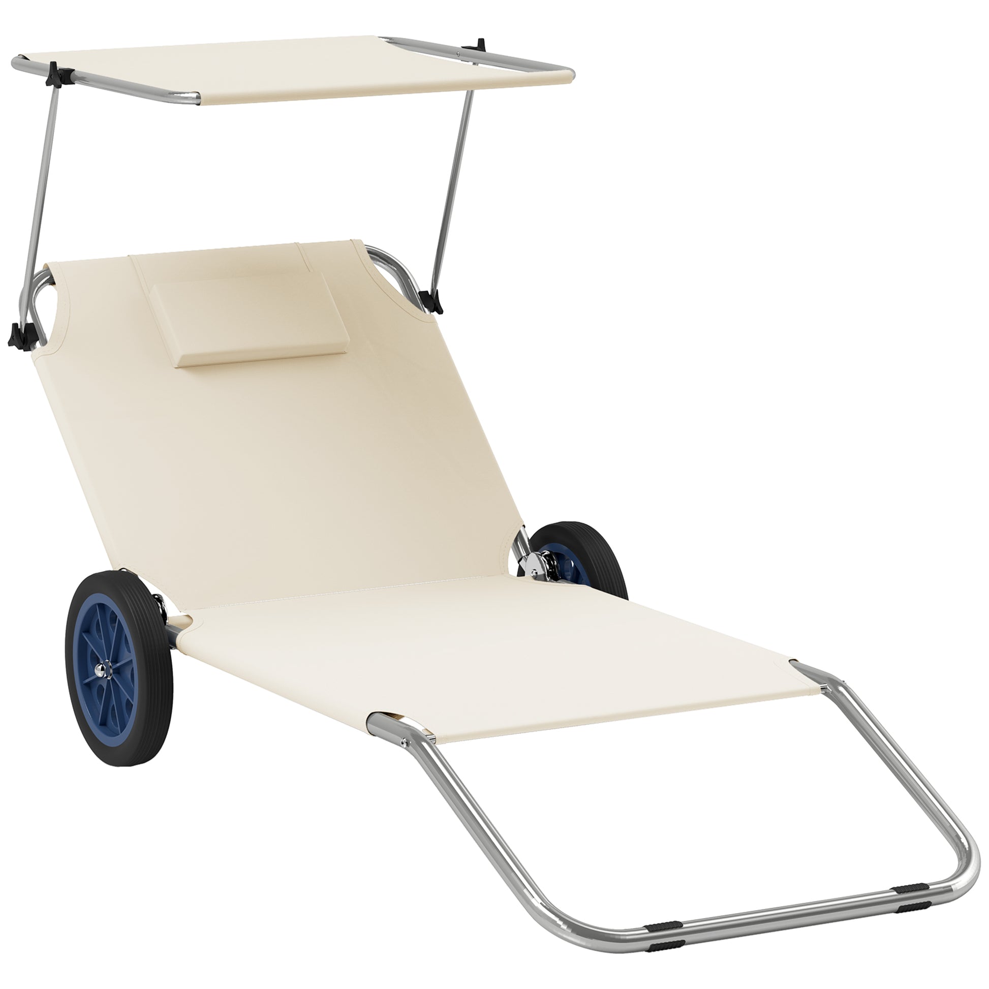 2 Piece Folding Sun Lounger Set Beach Loungers Beach Chair with Adjustable Backrest Pillow Canopy Wheels Lightweight Portable Beach Mat Sunbed Outdoor Sun Lounger Mat for Garden, Pool 148 x 62cm