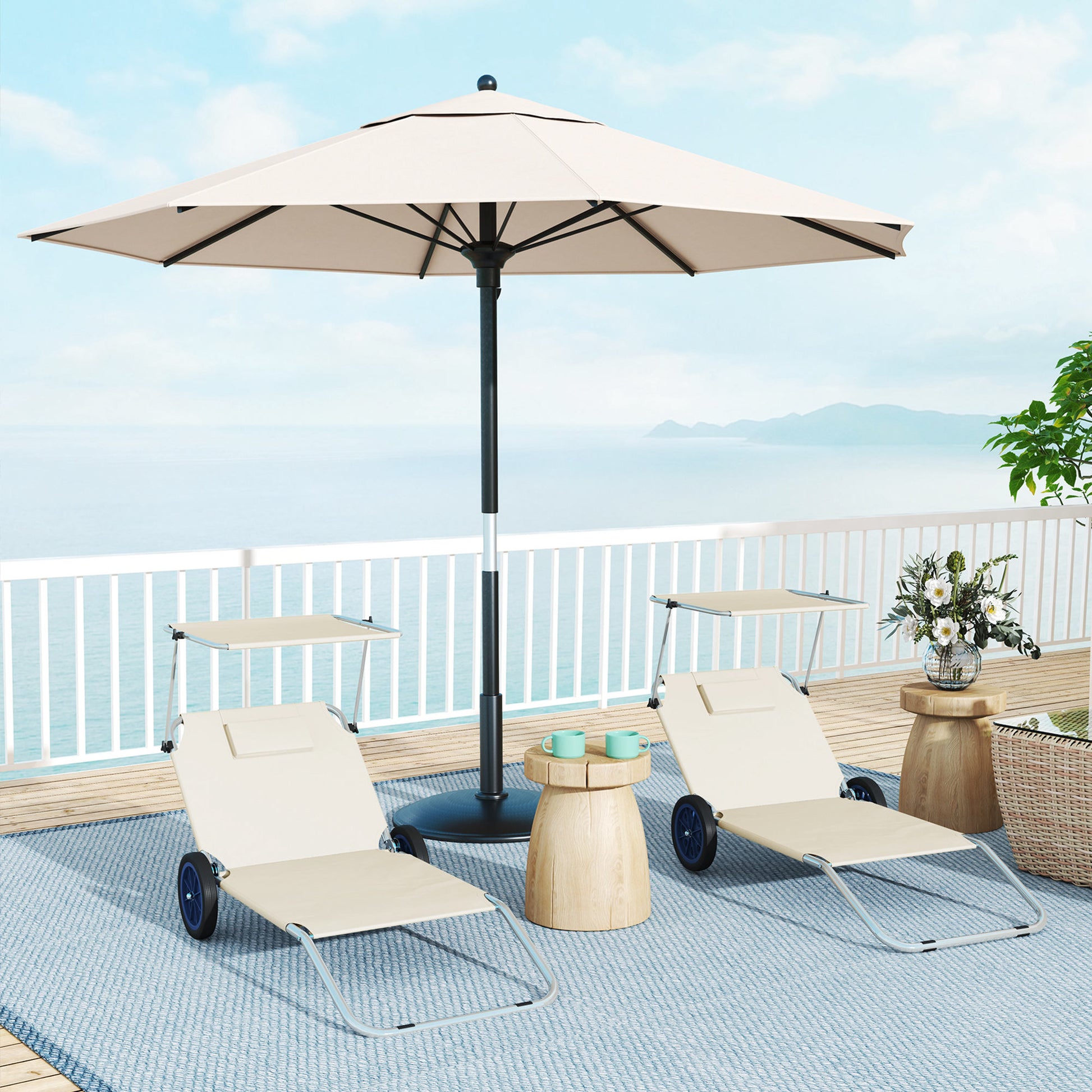 2 Piece Folding Sun Lounger Set Beach Loungers Beach Chair with Adjustable Backrest Pillow Canopy Wheels Lightweight Portable Beach Mat Sunbed Outdoor Sun Lounger Mat for Garden, Pool 148 x 62cm