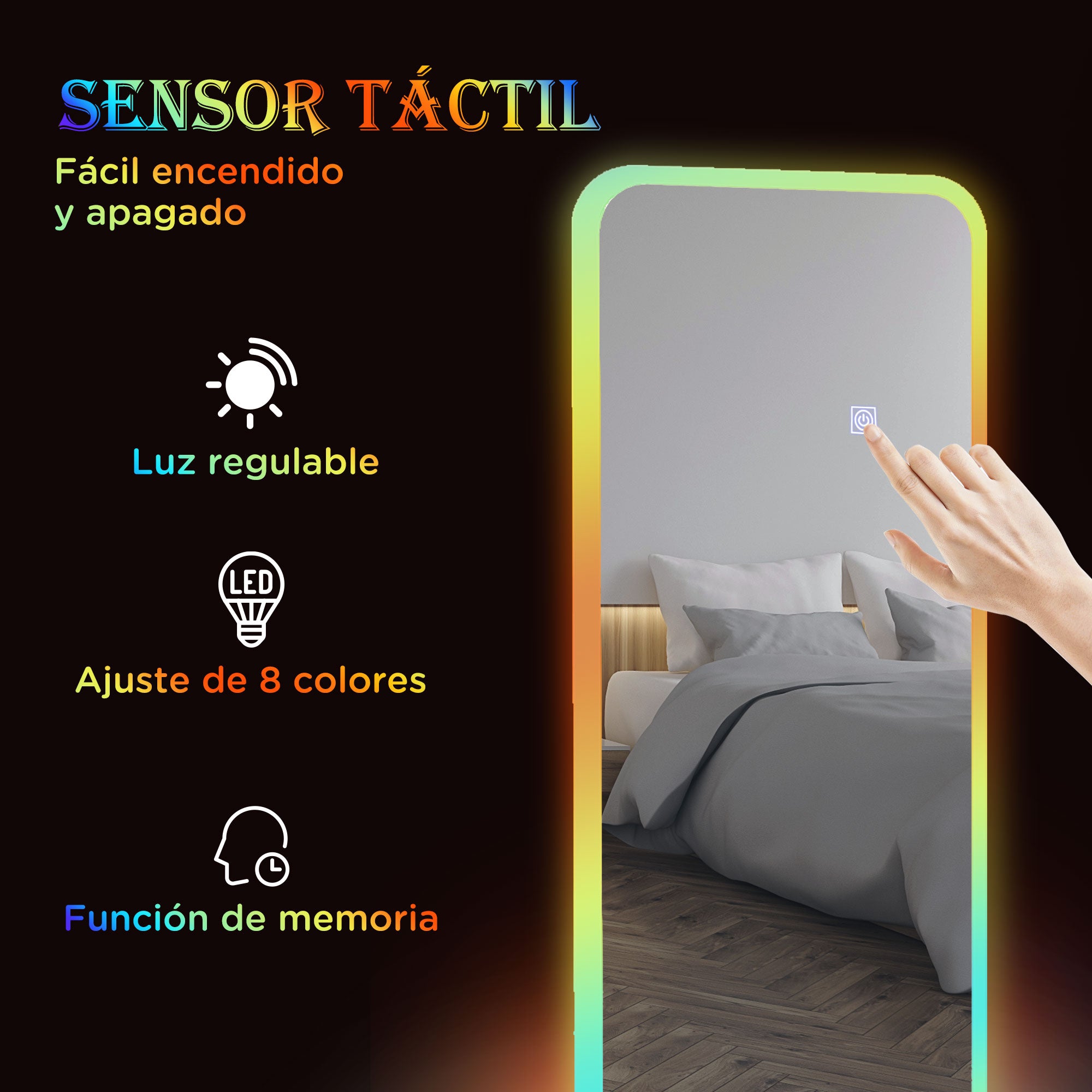 Full-Length Mirror with LED Lights 120x40 cm Rectangular Wall Mirror Adjustable with 7 Colors RGB Lighting and Memory Function for Bedroom Dressing Room
