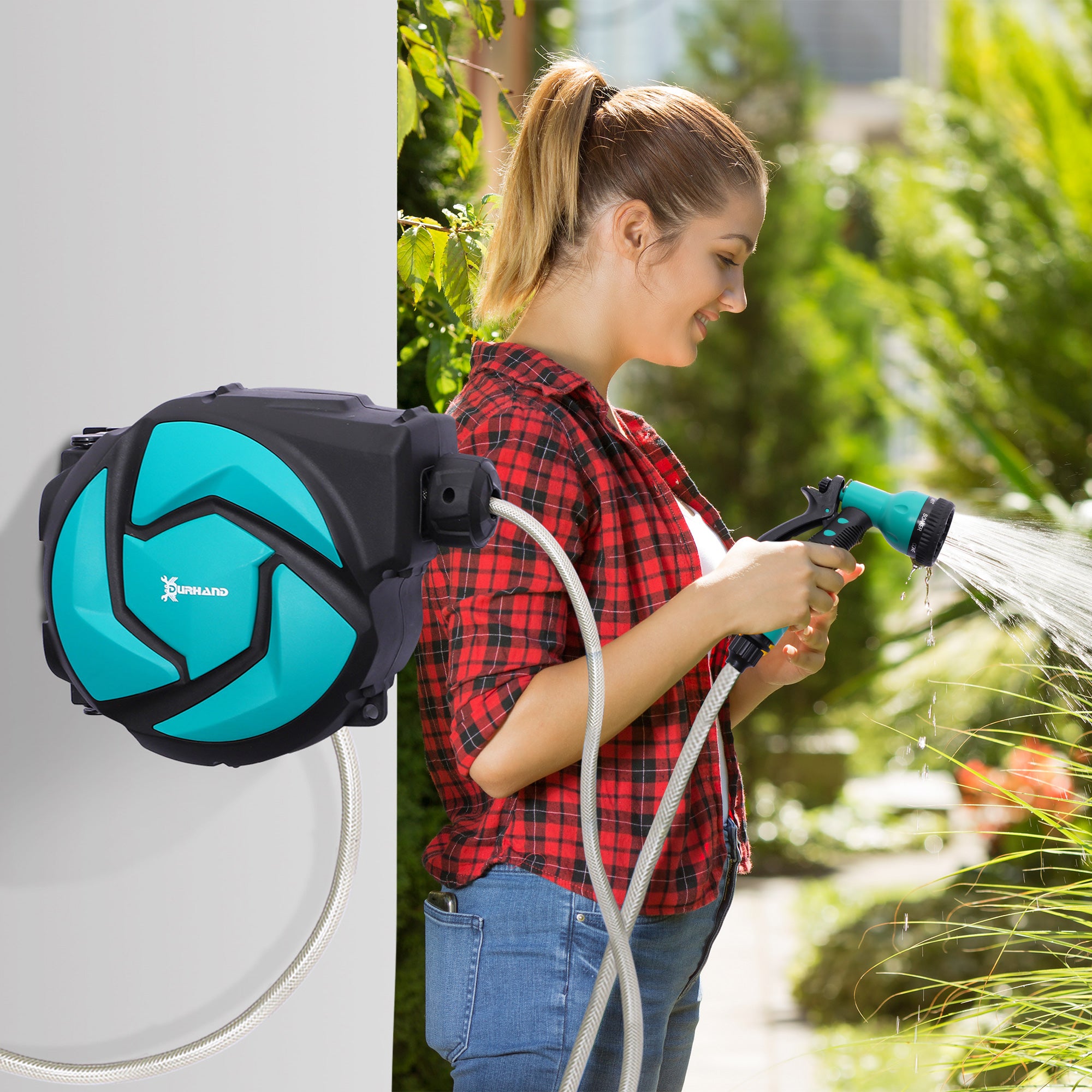 Retractable Hose Reel 10m with 7 Watering Modes Automatic Rewind System with Locking Connector for Garden Lawn 28x14x34 cm Black and Green