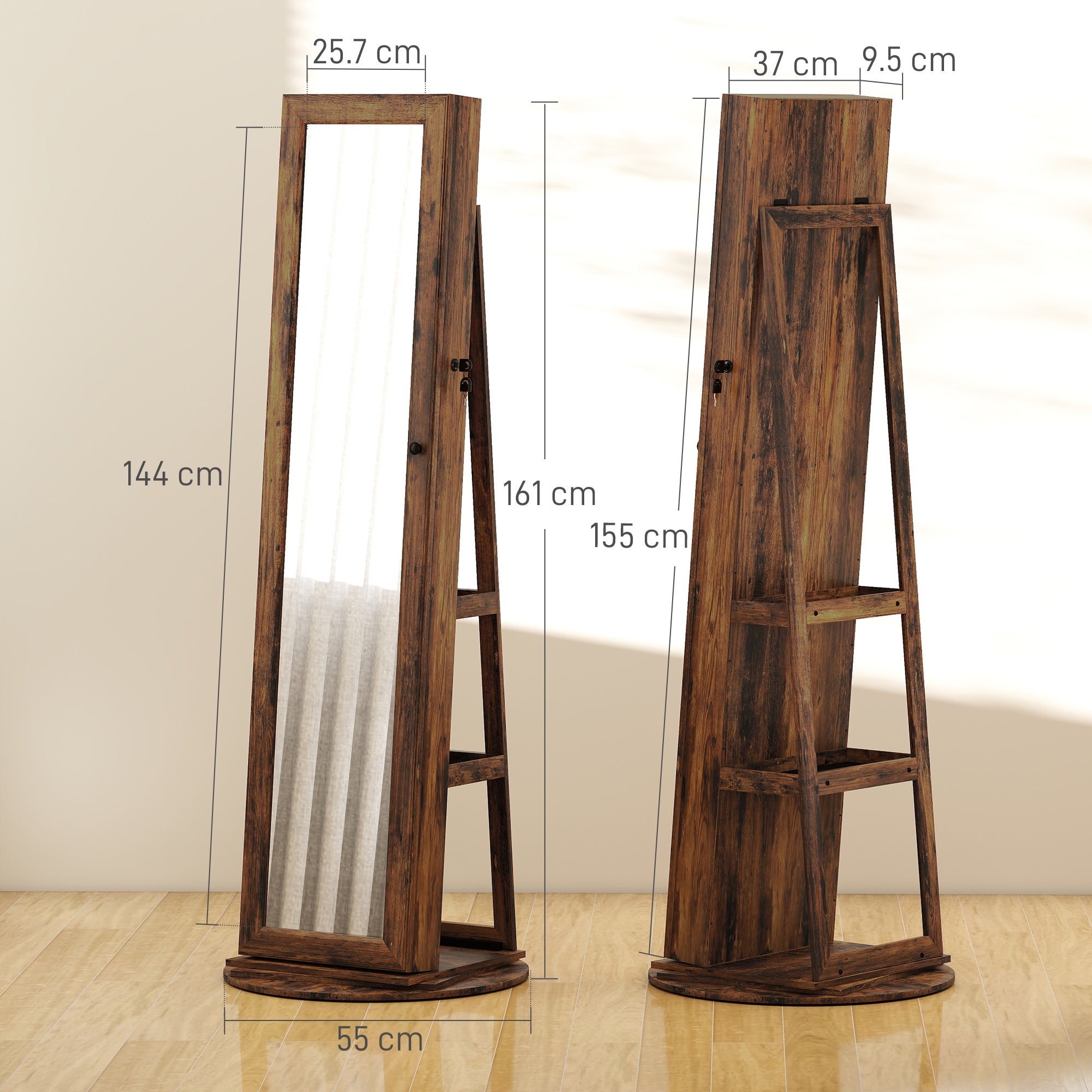 360° Rotating Jewelry Cabinet, Jewelry Armoire with Key Lock, Full-Length Mirror with 3 Back Shelves for Bedroom and Living Room, 55x55x161 cm, Rustic Brown