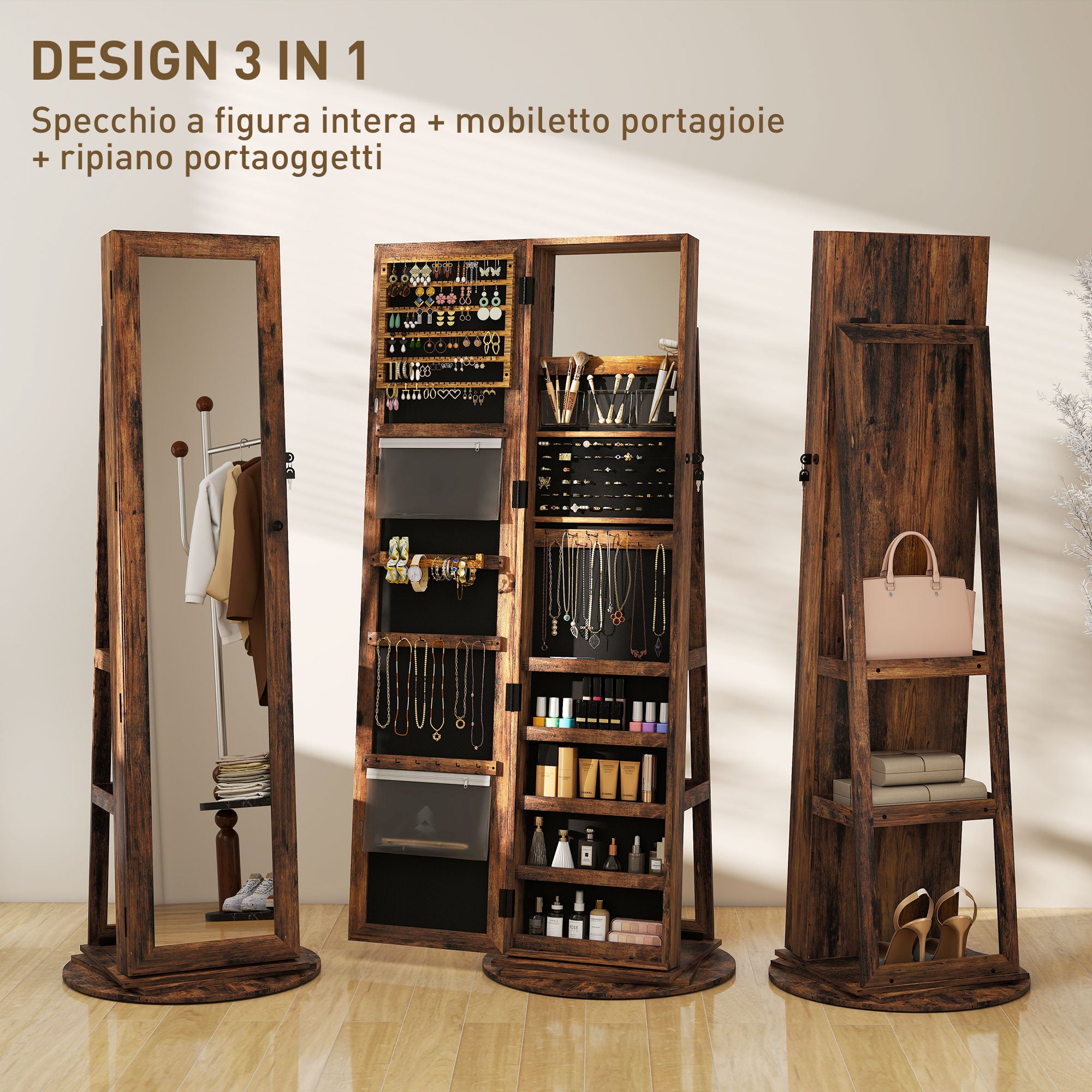 360° Rotating Jewelry Cabinet, Jewelry Armoire with Key Lock, Full-Length Mirror with 3 Back Shelves for Bedroom and Living Room, 55x55x161 cm, Rustic Brown