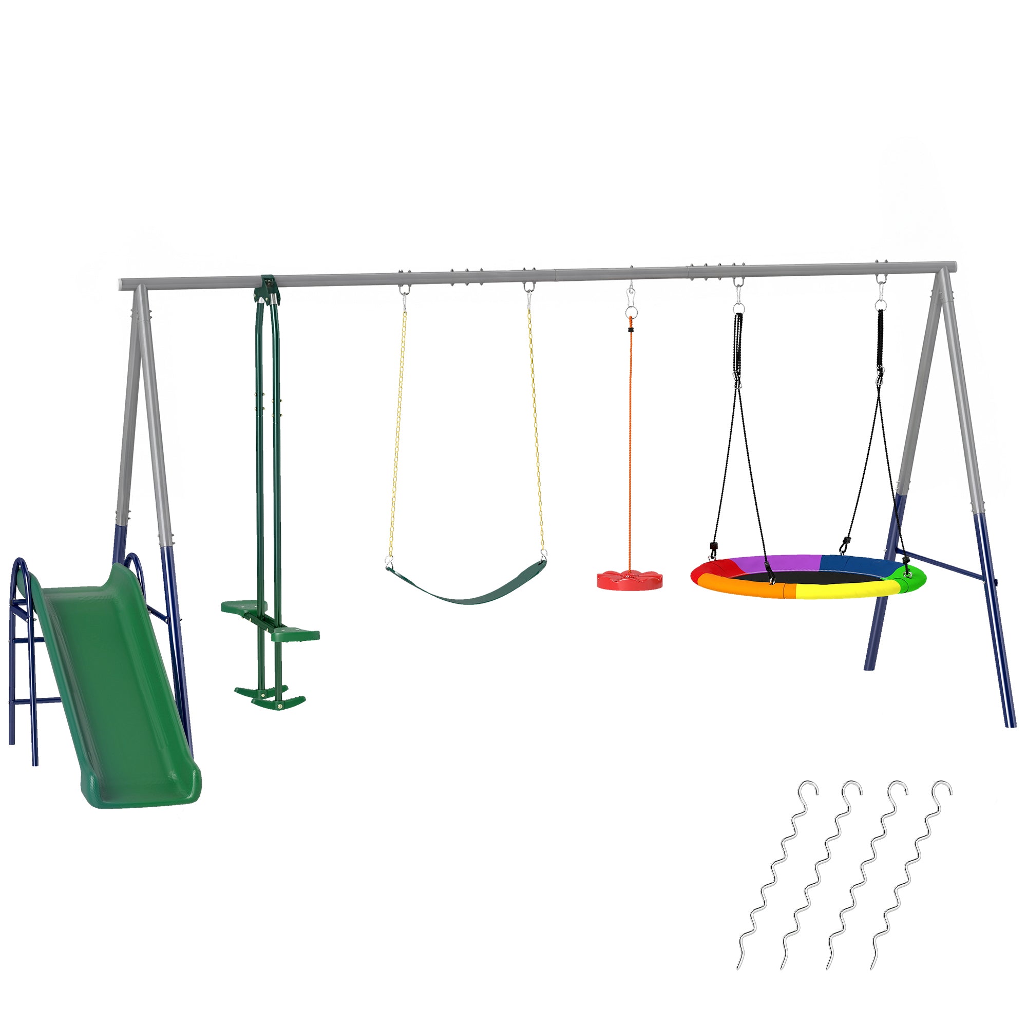 5-in-1 Kids Swing Set with Slide – Adjustable Seats, Nest & Strap Swings, Heavy-Duty A-Frame, Multicolor (For Ages 3–8)