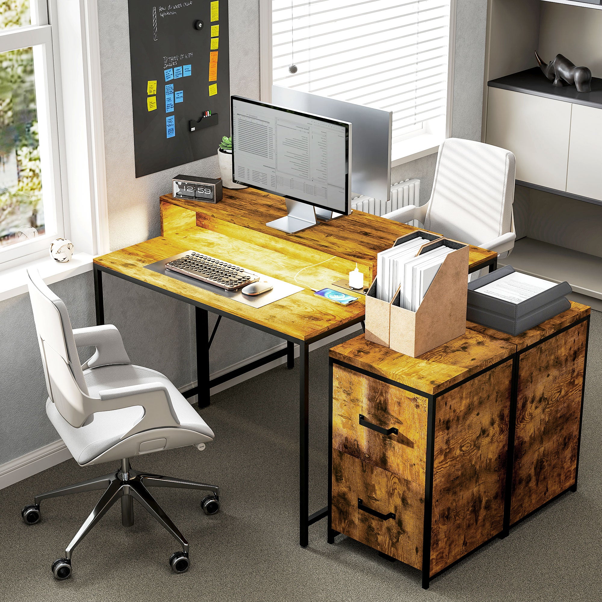 Industrial Desk with LED Lights Power Outlets Monitor Stand Remote Control Computer Desk for Office Study 100x50x90.5 cm Rustic Brown