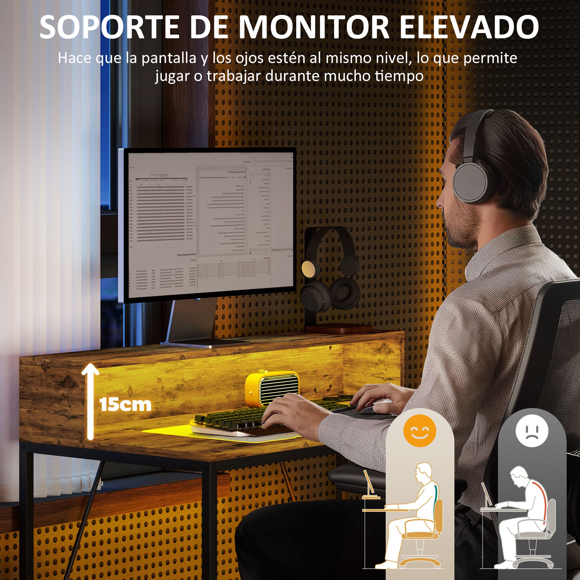 Industrial Desk with LED Lights Power Outlets Monitor Stand Remote Control Computer Desk for Office Study 100x50x90.5 cm Rustic Brown