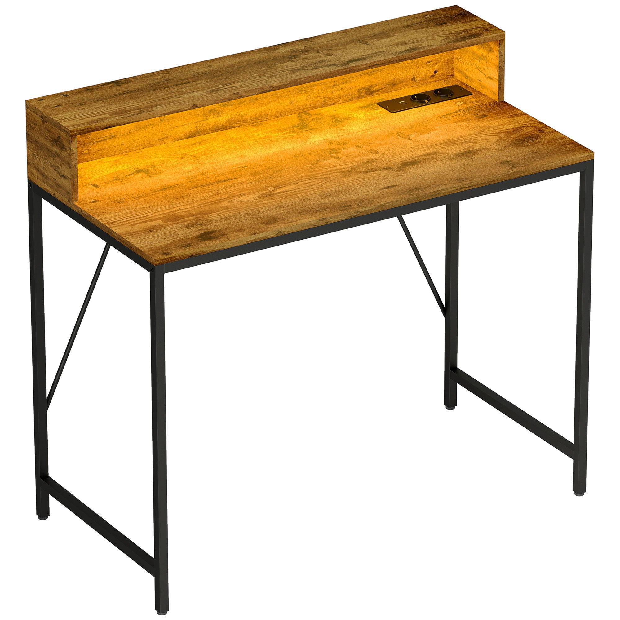 Industrial Desk with LED Lights Power Outlets Monitor Stand Remote Control Computer Desk for Office Study 100x50x90.5 cm Rustic Brown