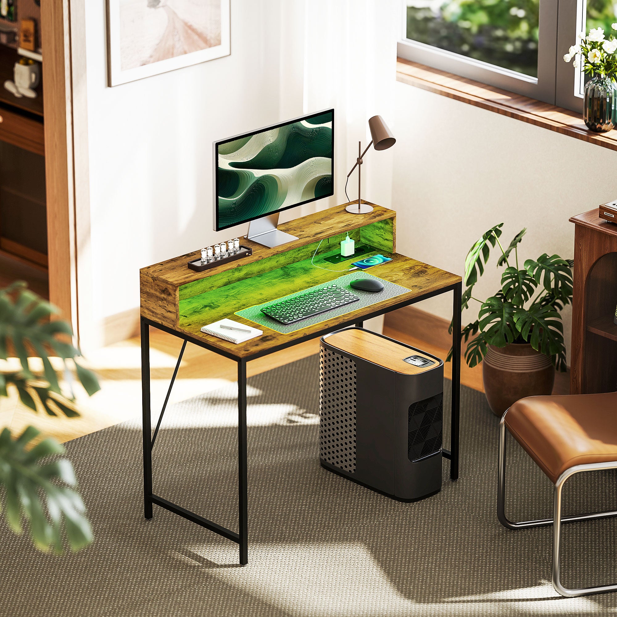 Industrial Desk with LED Lights Power Outlets Monitor Stand Remote Control Computer Desk for Office Study 100x50x90.5 cm Rustic Brown