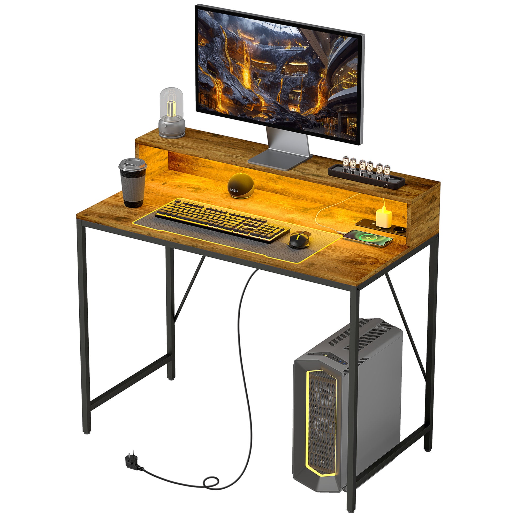 Industrial Desk with LED Lights Power Outlets Monitor Stand Remote Control Computer Desk for Office Study 100x50x90.5 cm Rustic Brown