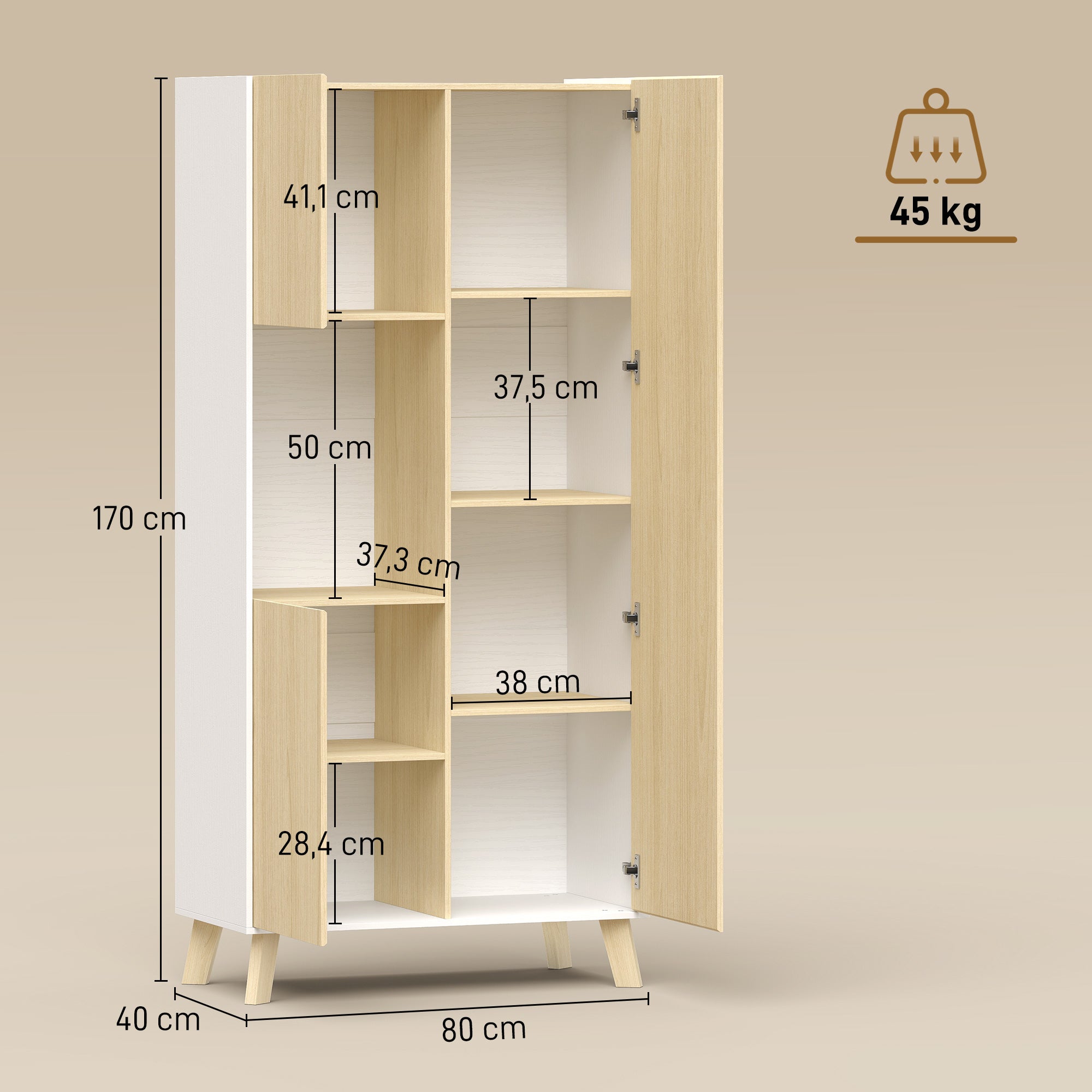 Tall Pantry Cabinet with Open Compartment, 3 Doors, Adjustable Shelves — Modern Kitchen Storage, Natural/White, 31.5 x 15.7 x 66.9 in