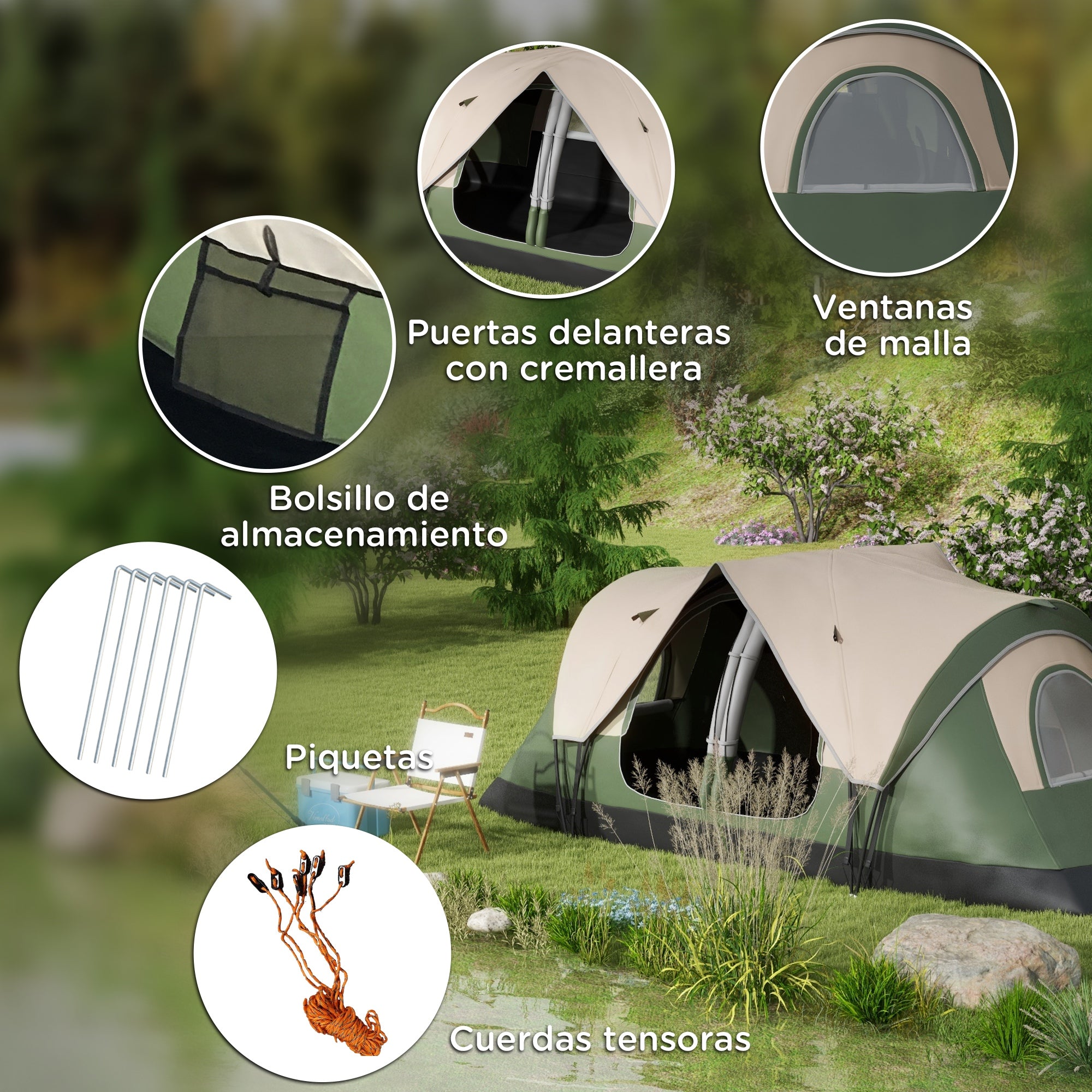 Family Camping Tent for 6-8 People Foldable Camping Tent with 2 Rooms and Waterproof Carrying Bag for Hiking 450x215x180 cm Olive Green and Light Brown