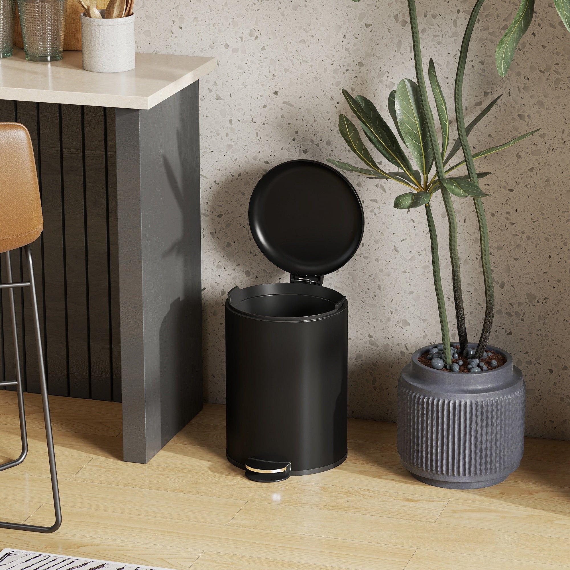 20 L (5.3 gal) Fingerprint-Resistant Metal Trash Can with Soft-Close Lid, Foot Pedal & Removable Inner Bin — Black