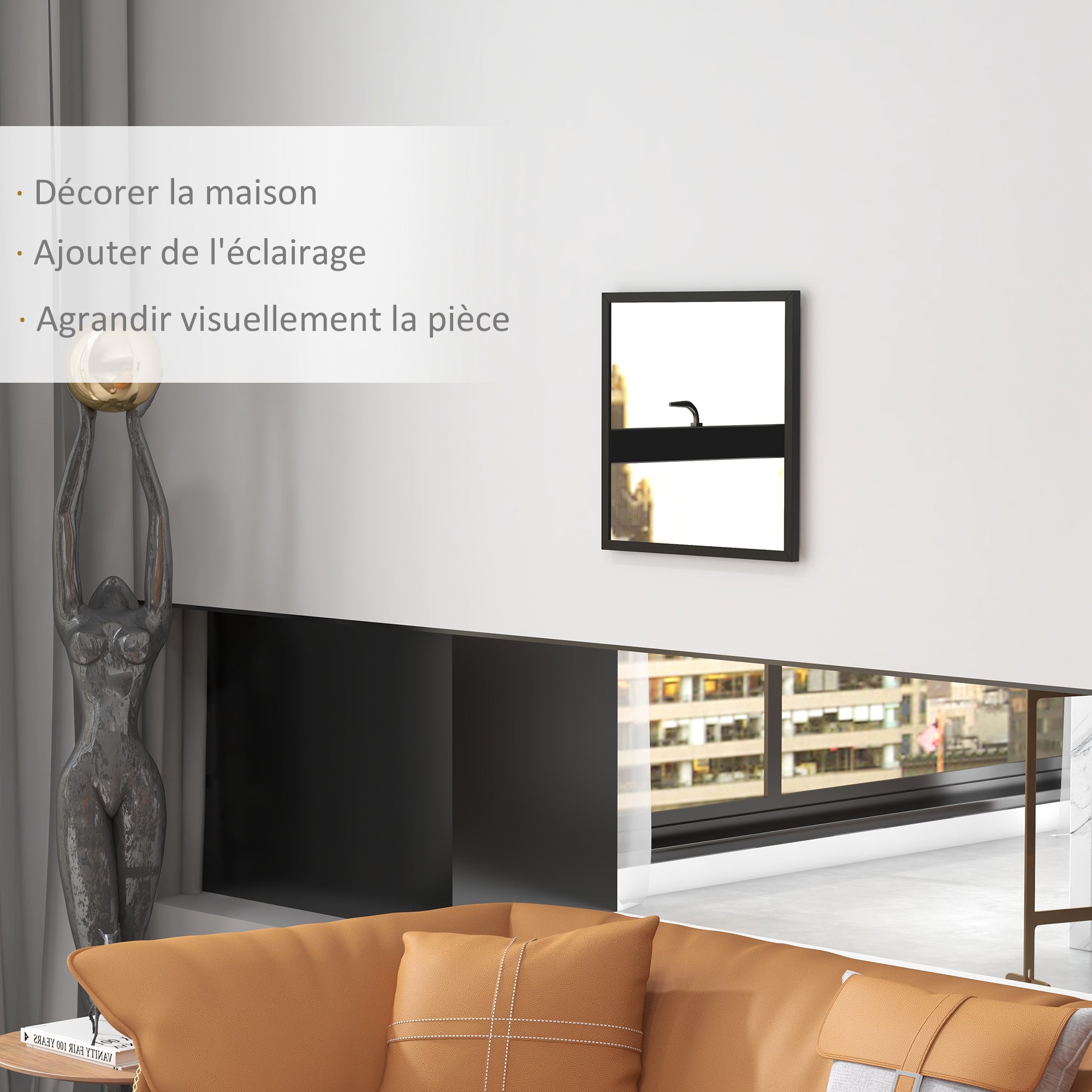 Square Wall Mirror 50 x 50 cm, black wooden frame, ideal for bathroom, living room, or bedroom