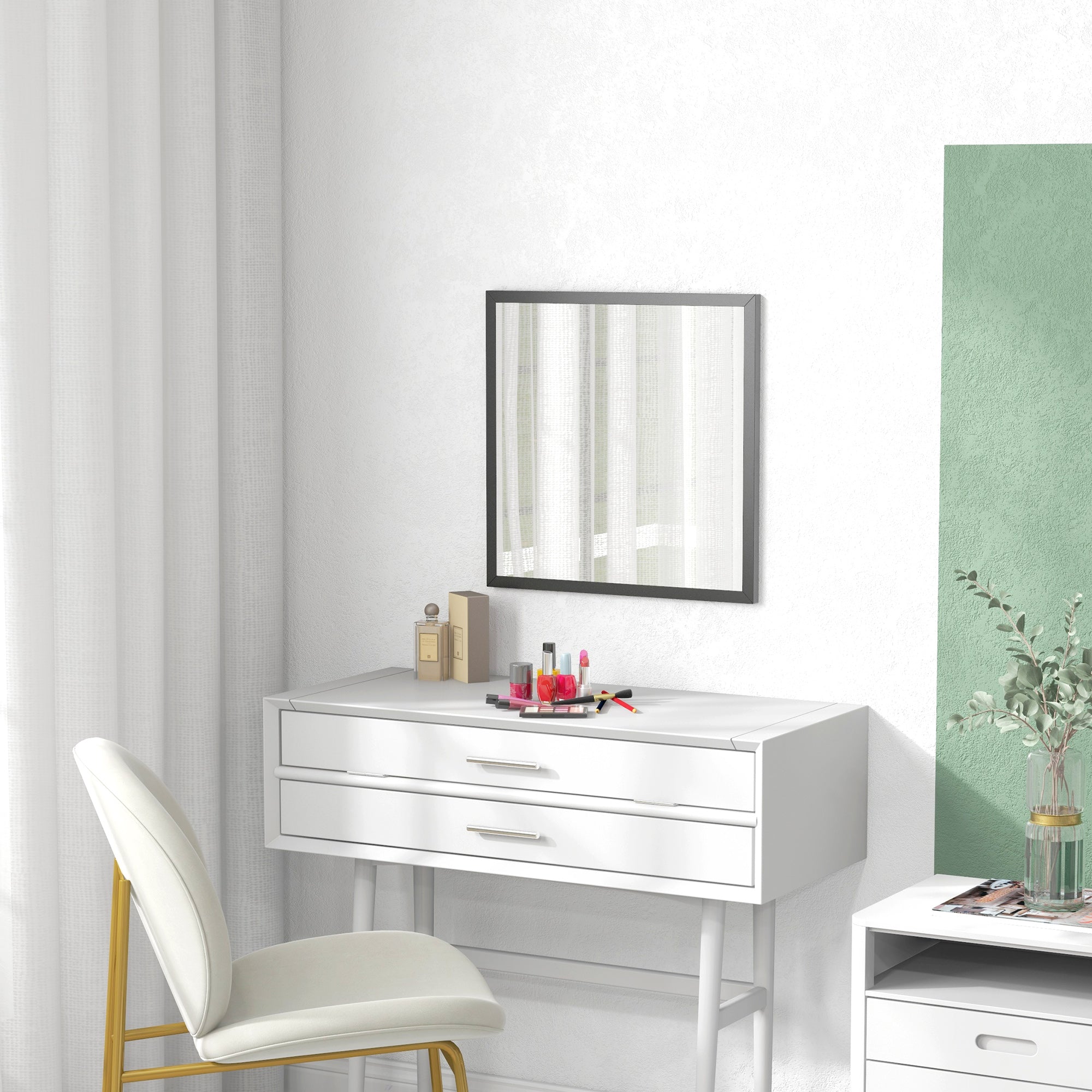 Square Wall Mirror 50 x 50 cm, black wooden frame, ideal for bathroom, living room, or bedroom