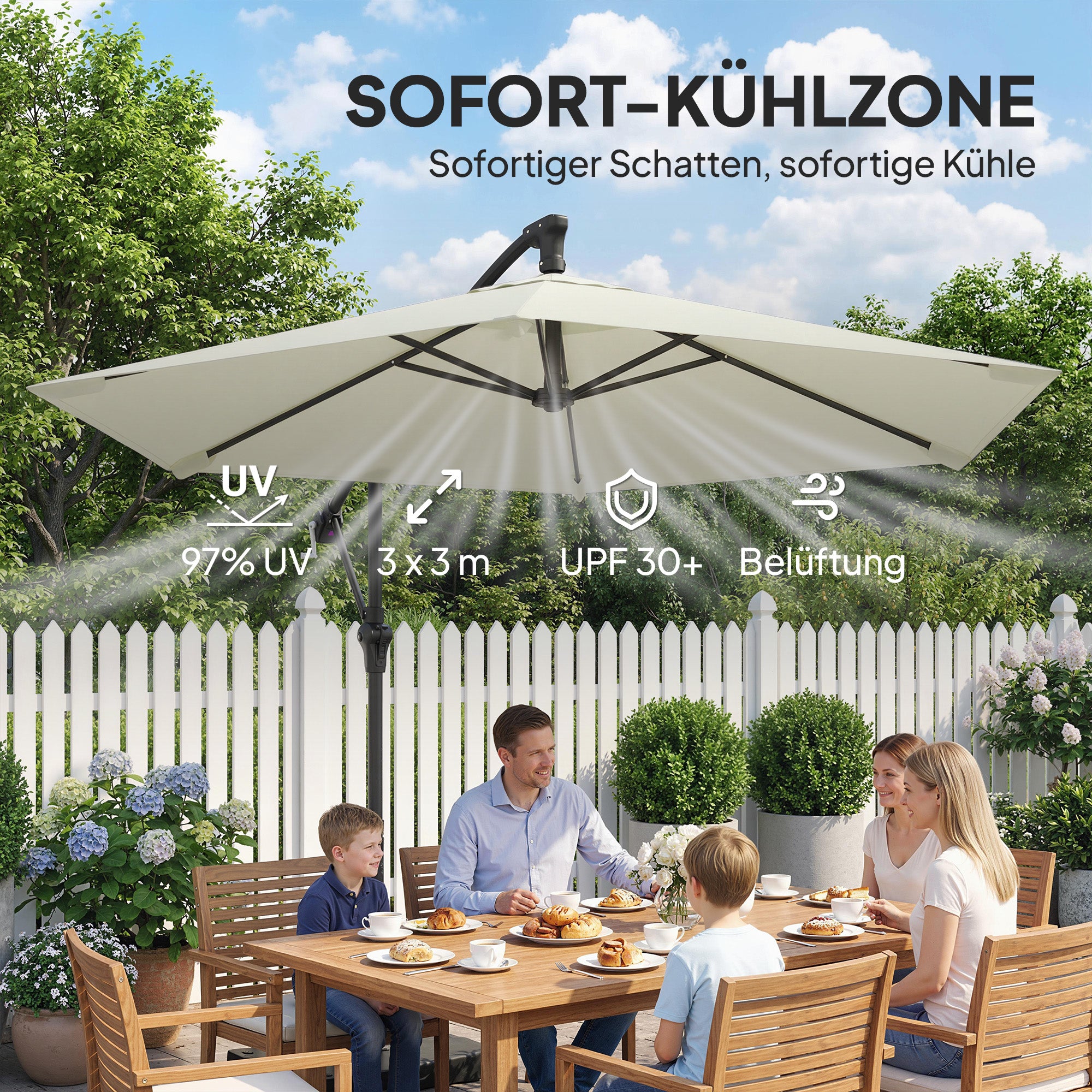 Offset Cantilever Umbrella ~Ø9.7 ft, Crank with Locking Arm, Cross Base & Fillable Weights, UV-Proof Water-Resistant Patio Parasol – Cream White
