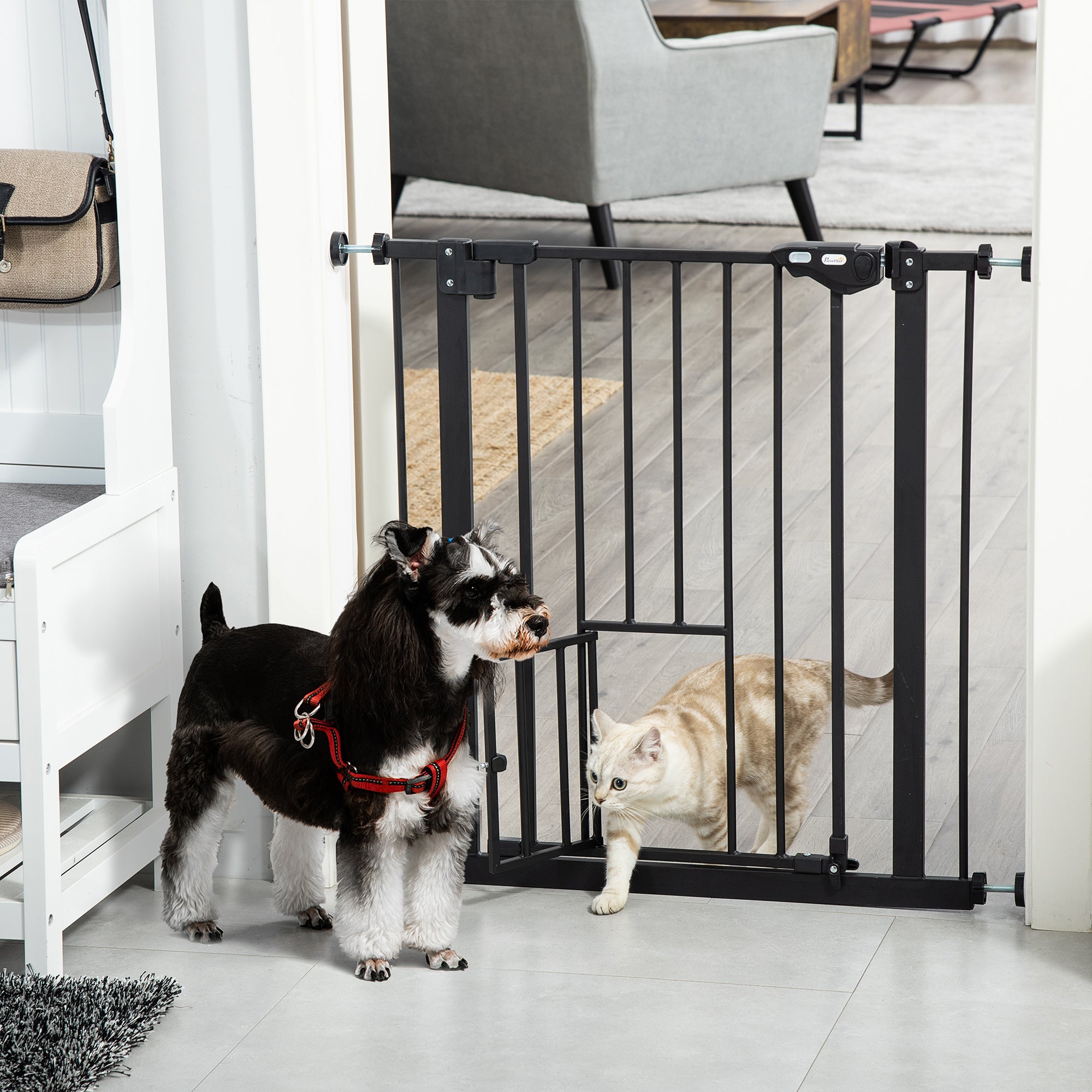 Pet Safety Gate Pet Gate with Small Lockable Door and Double Locking System for Doorway Hallway Staircase 74-80x76.2 cm Black