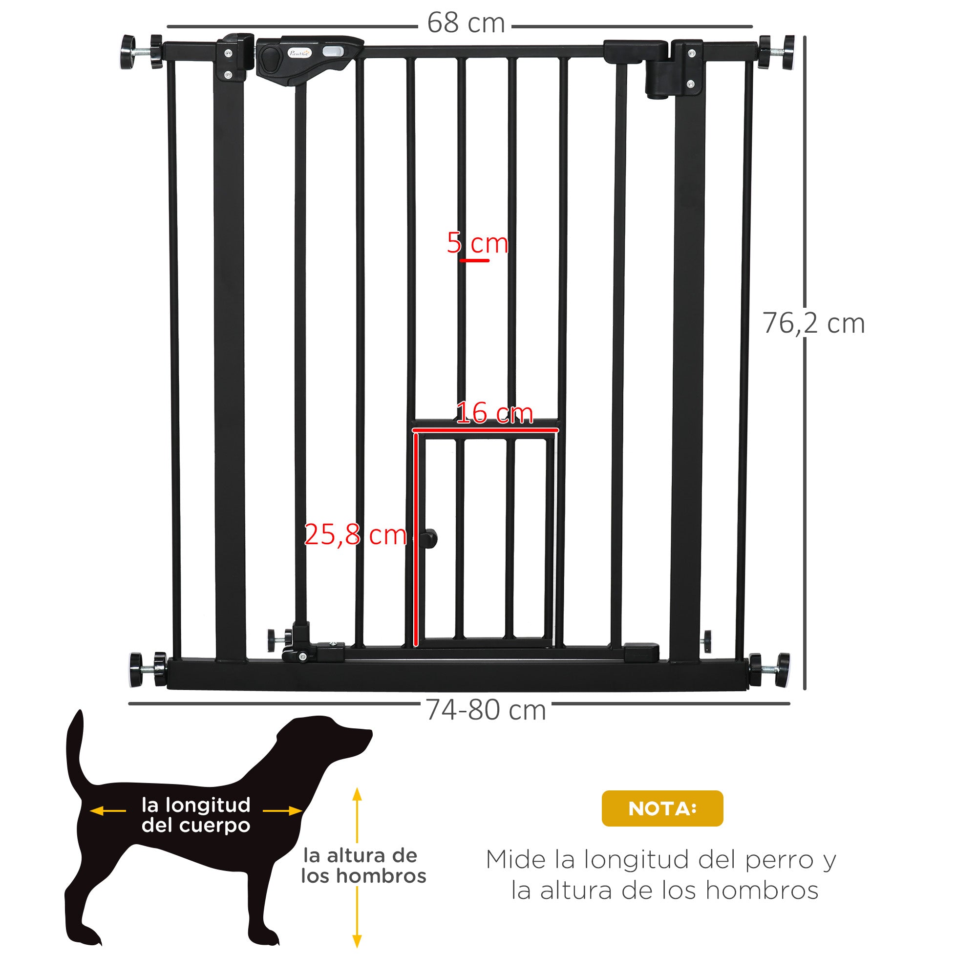 Pet Safety Gate Pet Gate with Small Lockable Door and Double Locking System for Doorway Hallway Staircase 74-80x76.2 cm Black