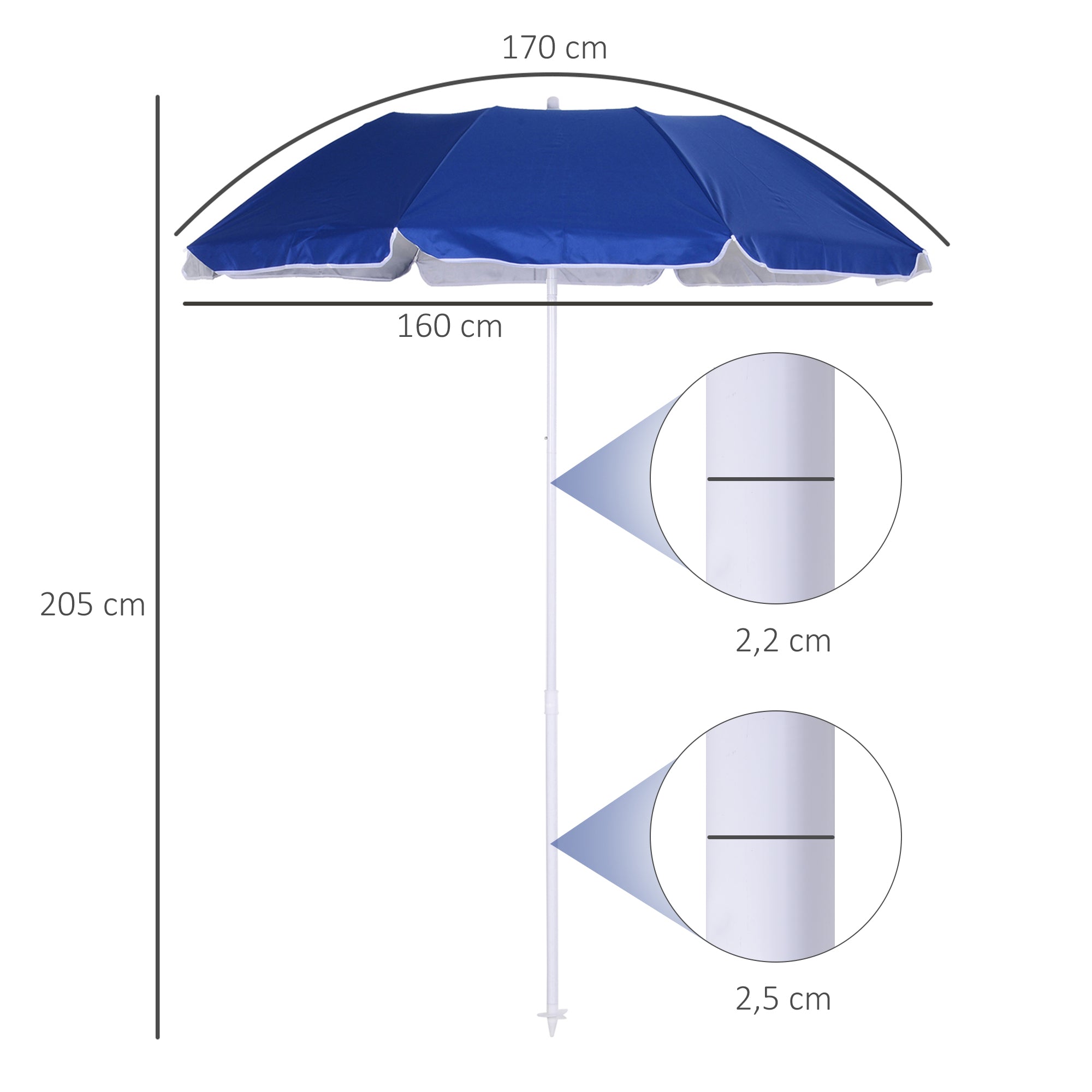 Large Beach Umbrella Ø160 cm Outdoor Terrace Umbrella with Adjustable Angle UV Protection Waterproof and Blue Transport Bag